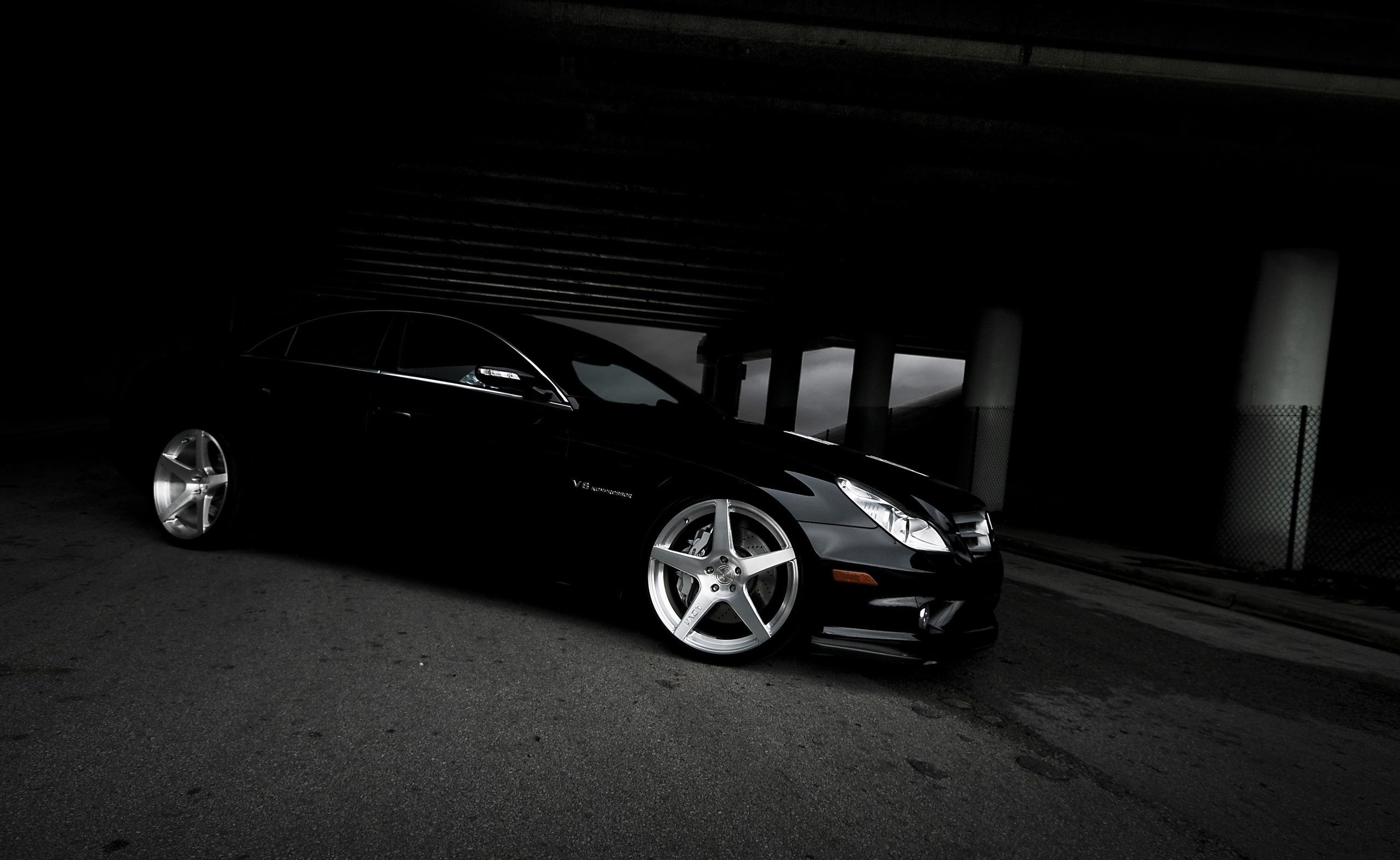 Cars, architecture, night, 2K, street, wheel, no people, coupe, black, luxury, retro styled, stationary, land vehicle, city, parking garage, sports car, HD Wallpaper