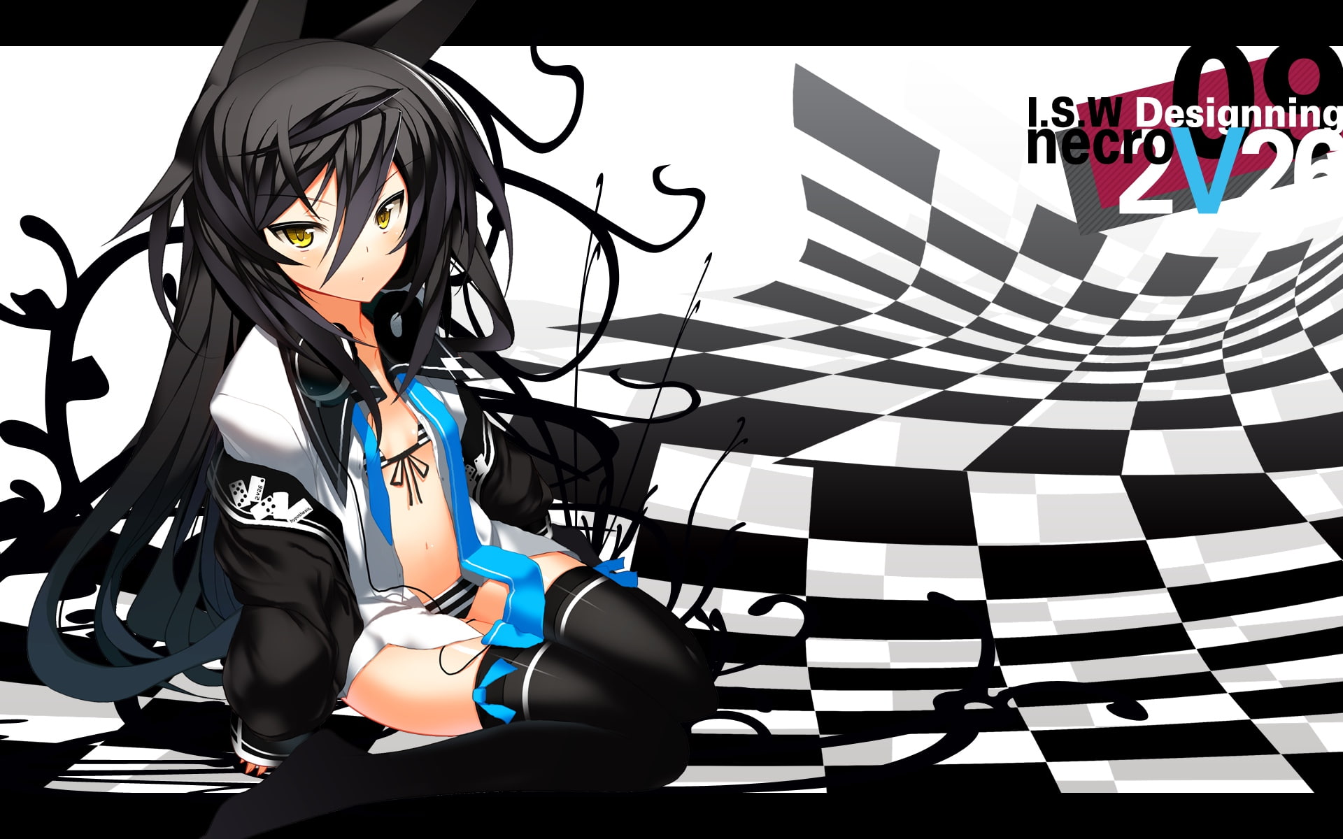yellow, 1080P, headphones, long, hair, ch r, necro san, ears, animal, underwear, original, bikini, thighhighs, swimsuit, i s w, black, eyes, HD Wallpaper