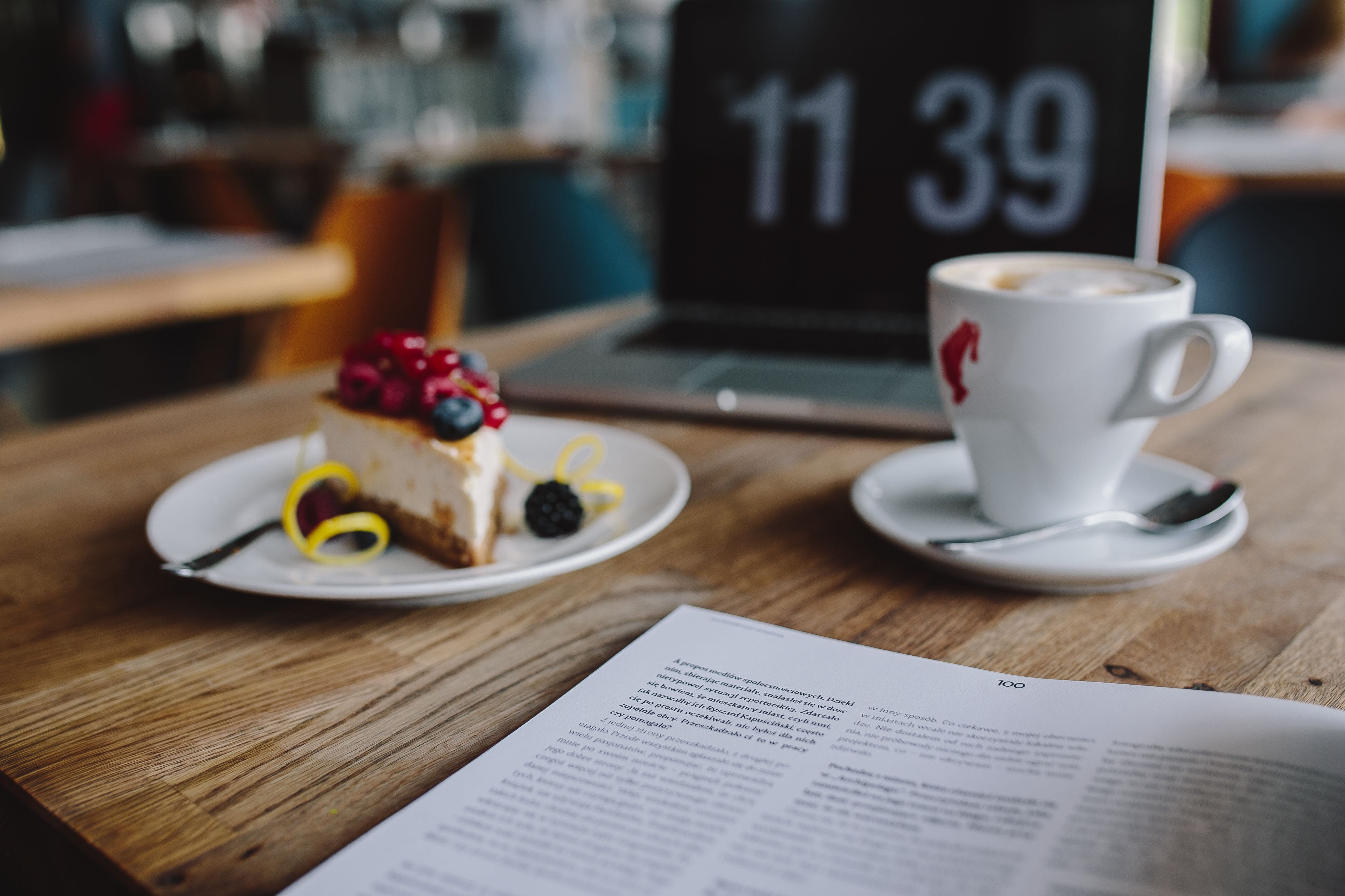 food and drink, work, restaurant, cafe, no people, indoors, saucer, coffee - drink, text, coffee, cup, cheese cake, laptop, food, still life, mobile, workplace, HD Wallpaper