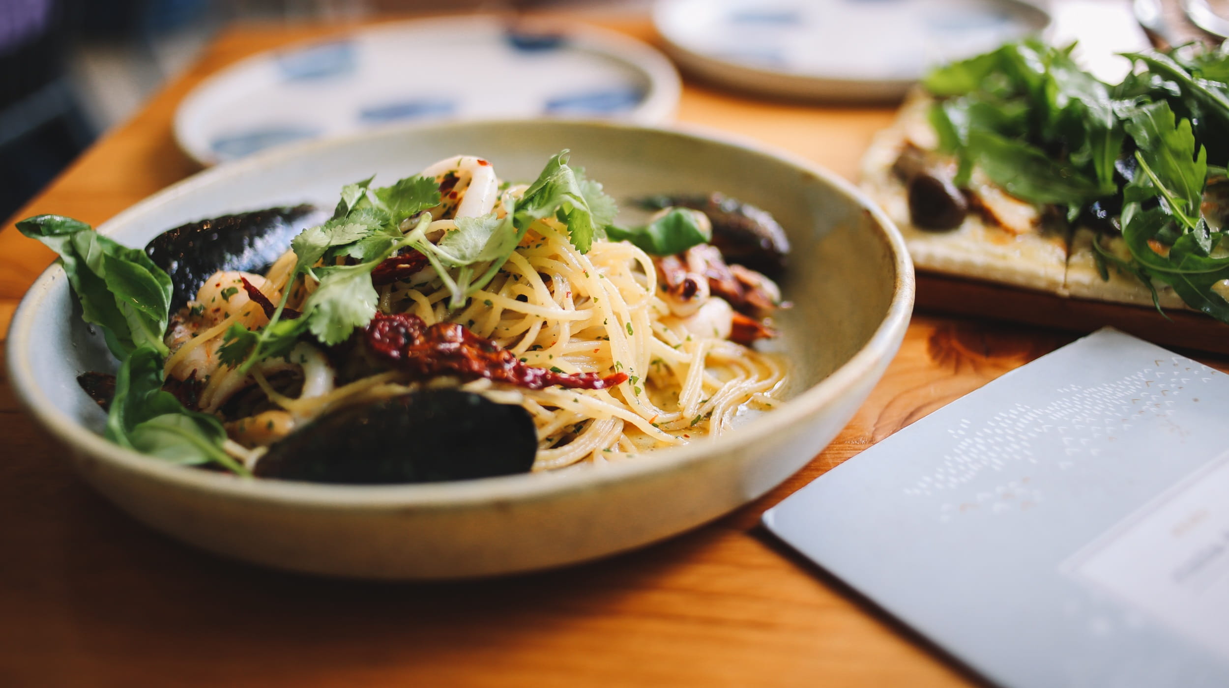 table, pasta, ready-to-eat, selective focus, noodle, spice, dinner, green vegetables, green, lunch, 1080P, japanese food, restaurant, no people, wellbeing, HD Wallpaper