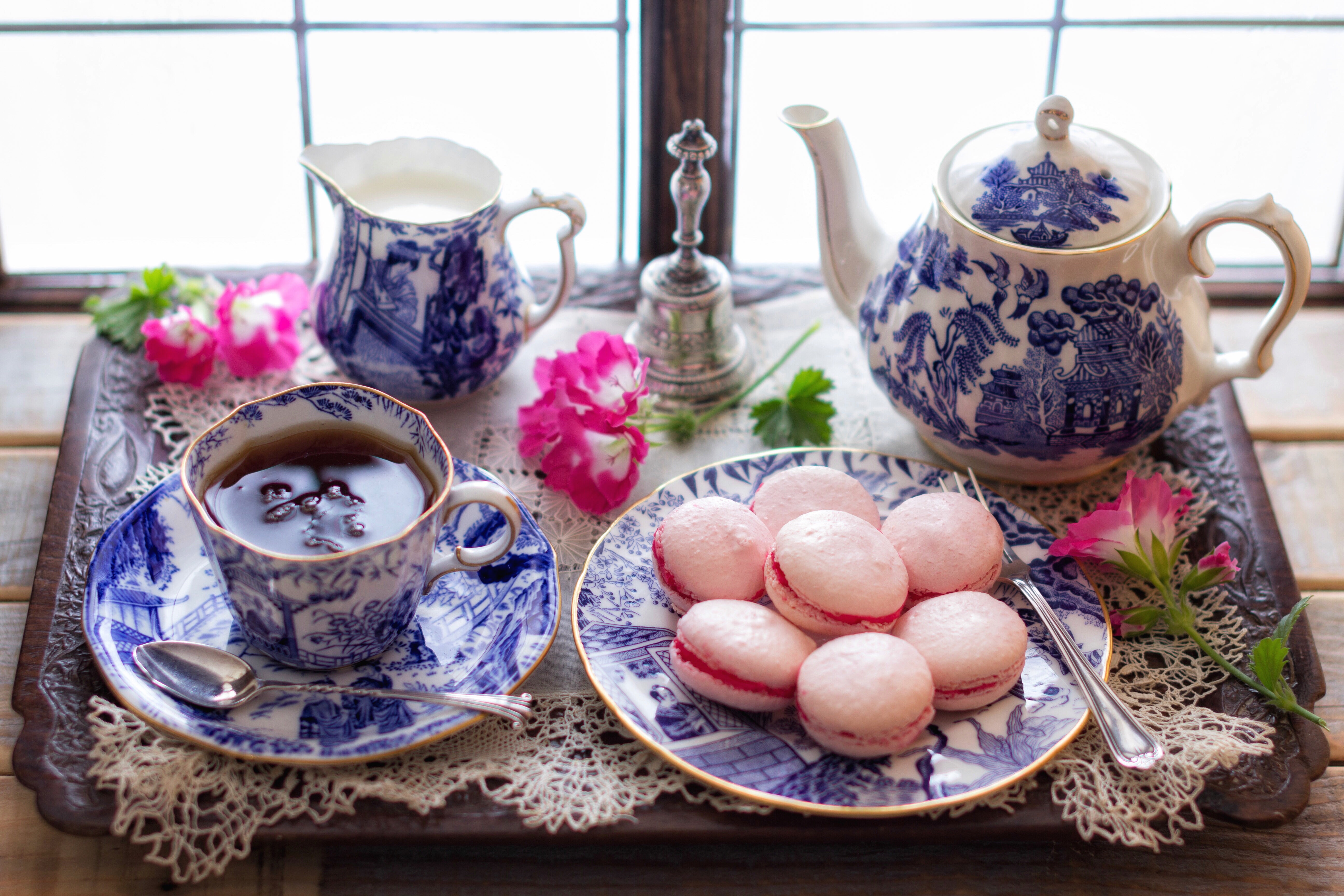 5K, mug, kettle, tray, the tea party, tea, pasta, the sweetness, flowers, cookies, style, Cup, HD Wallpaper