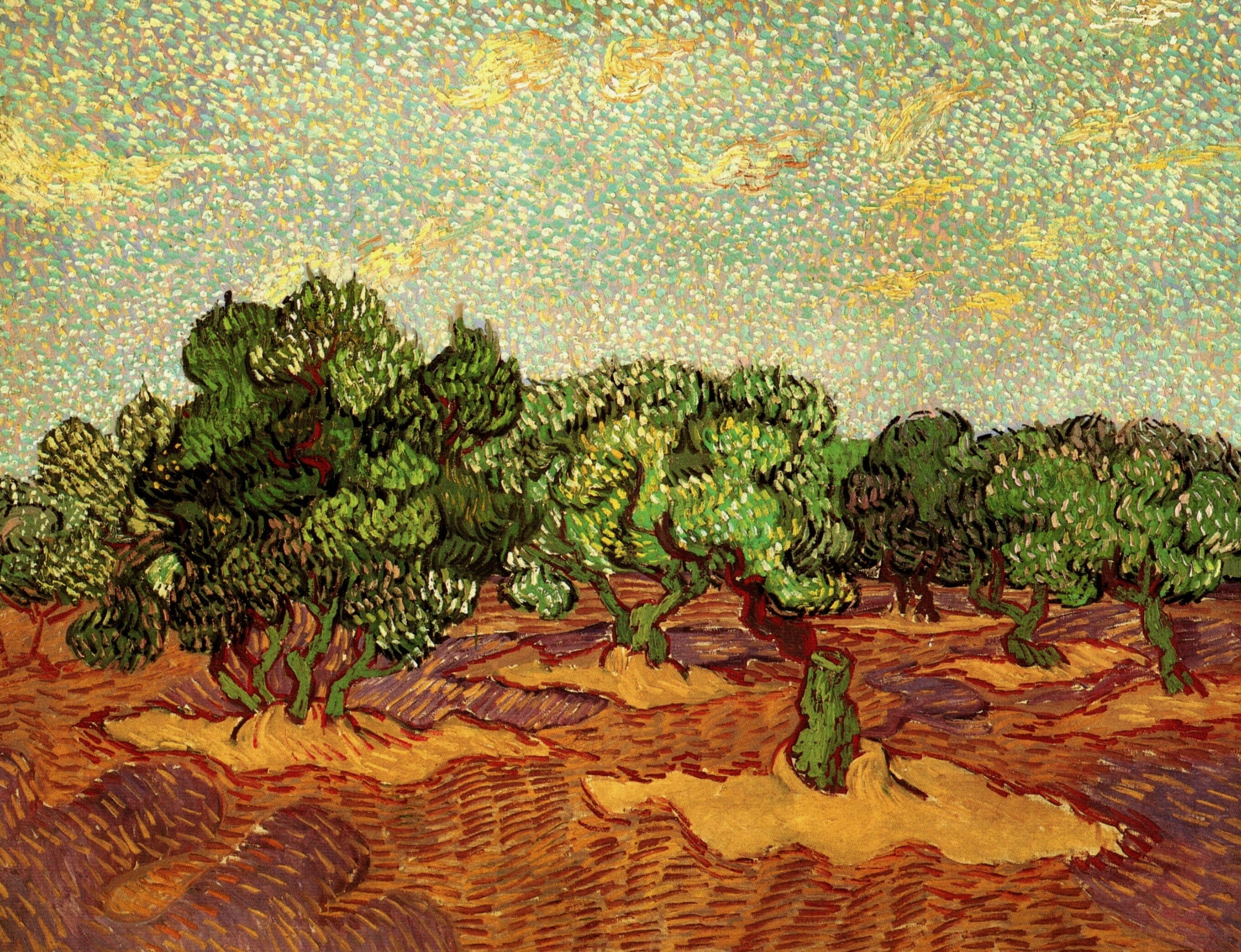Olive Grove, Pale Blue Sky, trees, Vincent van Gogh, 2K, HD Wallpaper