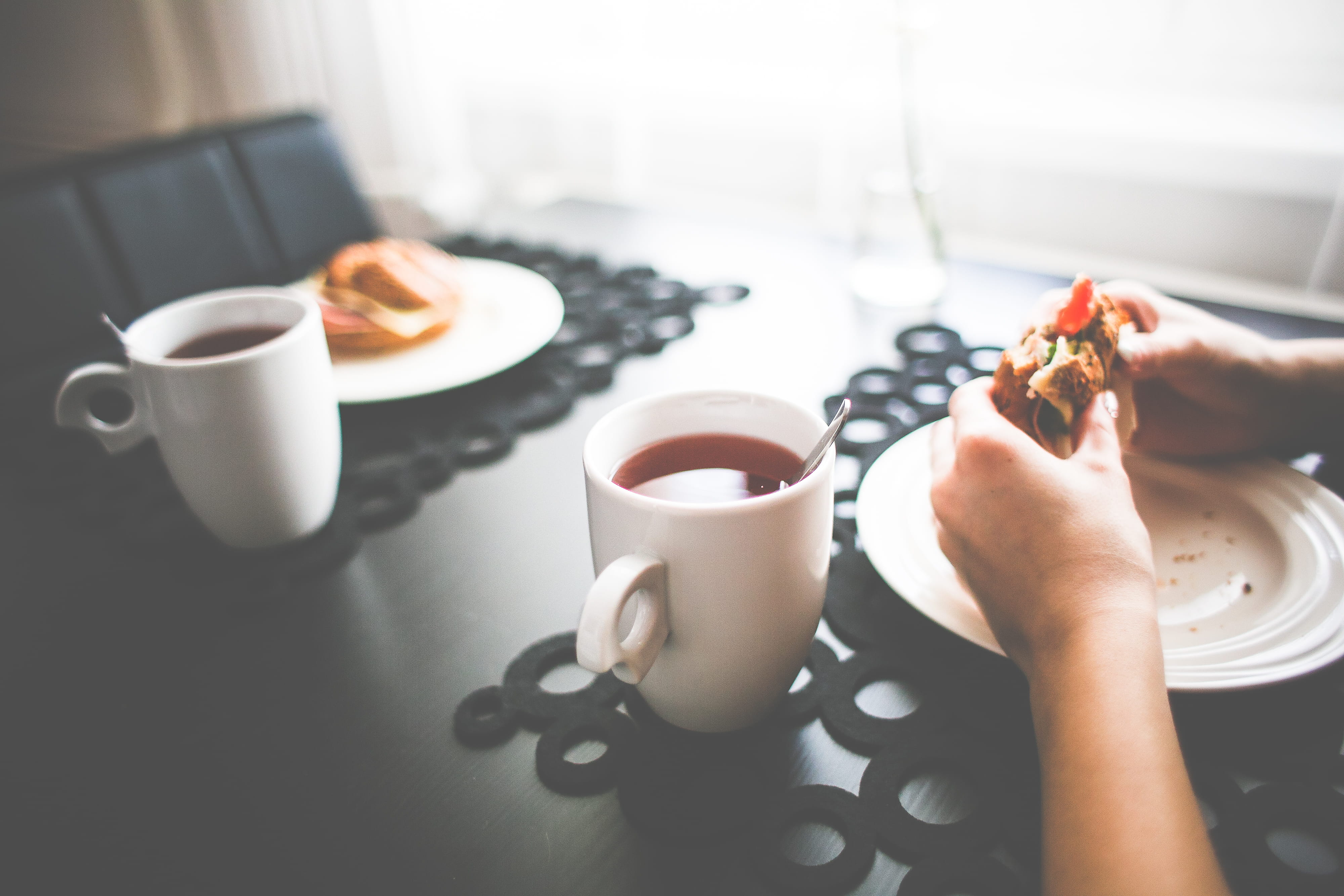 breakfast, food, real people, Healthy, close-up, coffee Cup, human body part, meal, refreshment, Snack, hot drink, table, mug, Morning, crockery, females, HD Wallpaper