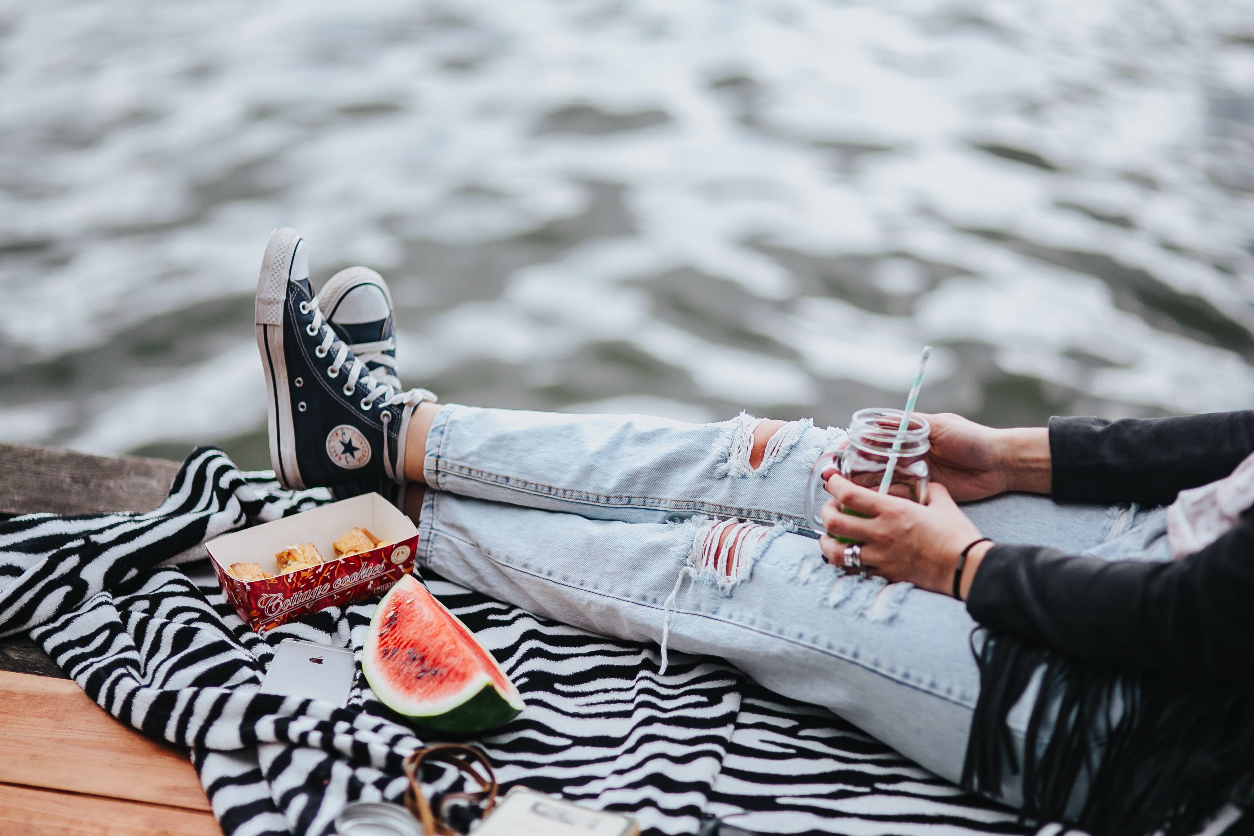 low section, casual clothing, people, pier, body part, pretty, watermelon, shoe, snack, one Person, girl, outdoors, human limb, relaxation, wooden pier, HD Wallpaper