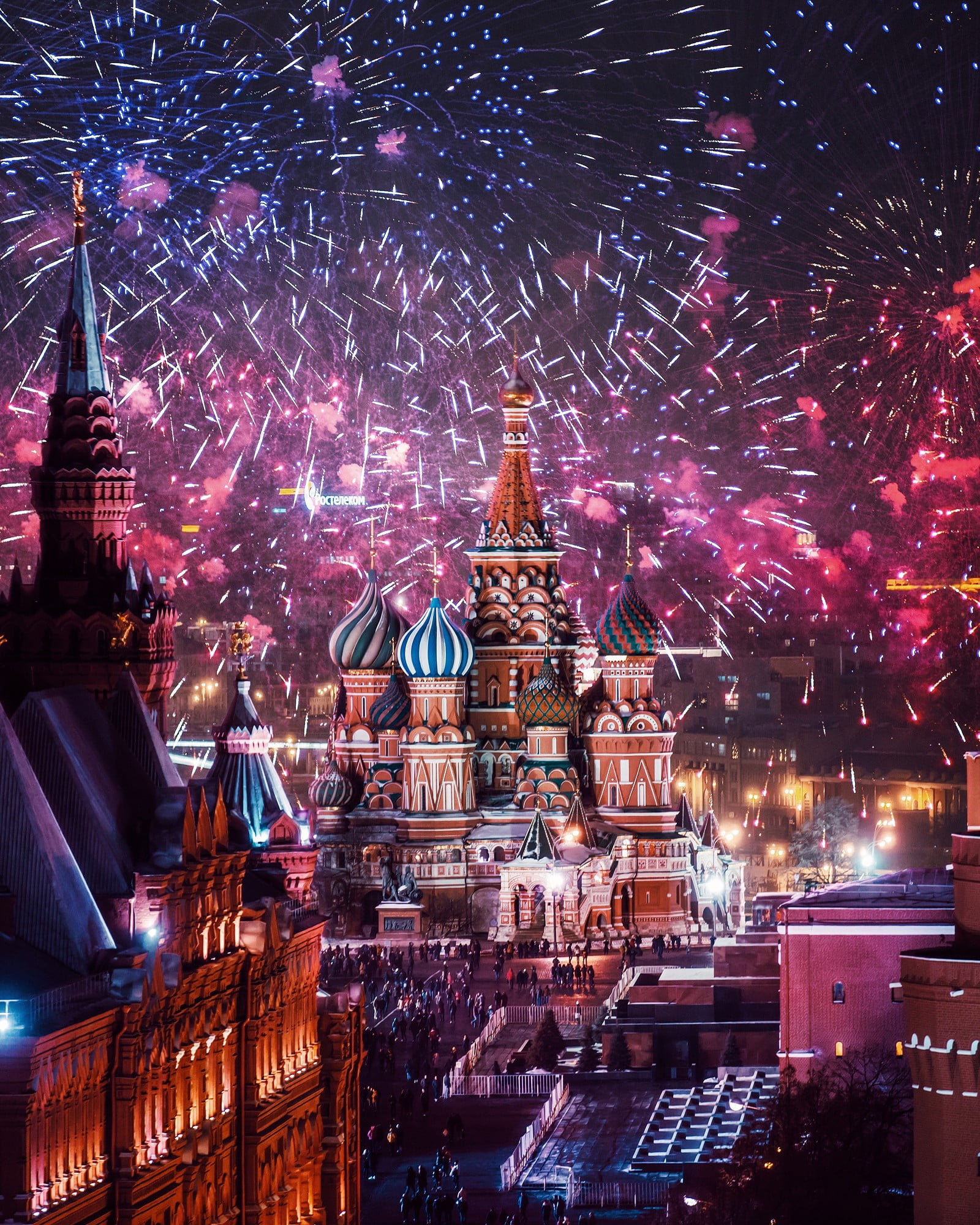 Kremlin palace, 1080P, tower, Red Square, night, city, Russia, portrait display, Moscow, Kremlin, fireworks, cityscape, Saint Basils Cathedral, building, Phone HD Wallpaper