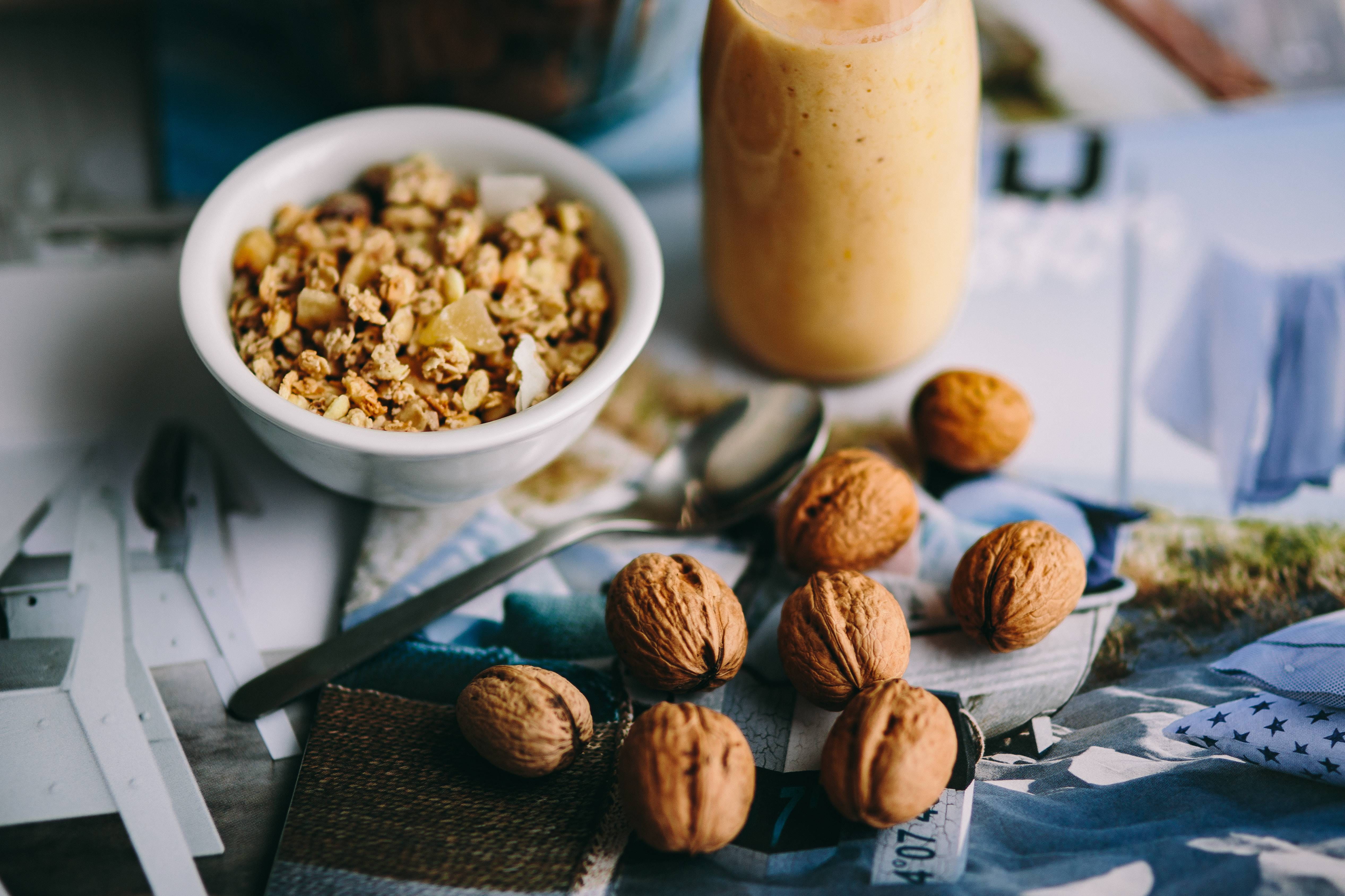 freshness, gourmet, oatmeal, bowl, muesli, drink, dairy product, fit, almond, fruit, active, walnut, indoors, homemade, shake, snack, no people, refreshment, HD Wallpaper