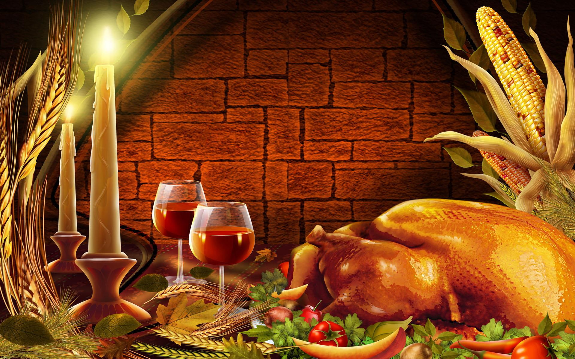 1080P, 3d and abstract, brick wall, delicious, salad, turkey, dinner, corn cobs, candlelight, wine, HD Wallpaper