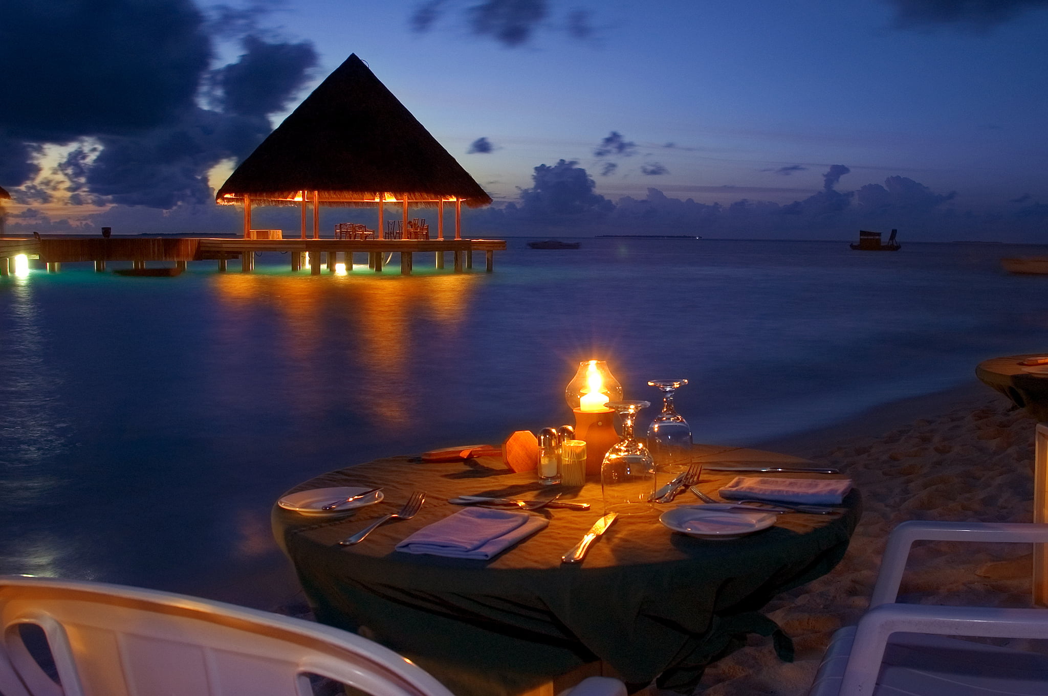 dusk, electric lamp, tranquil scene, the evening, illuminated, cloud - sky, island, 1080P, luxury, night, fire, travel, dinner, summer, tourism, no People, HD Wallpaper