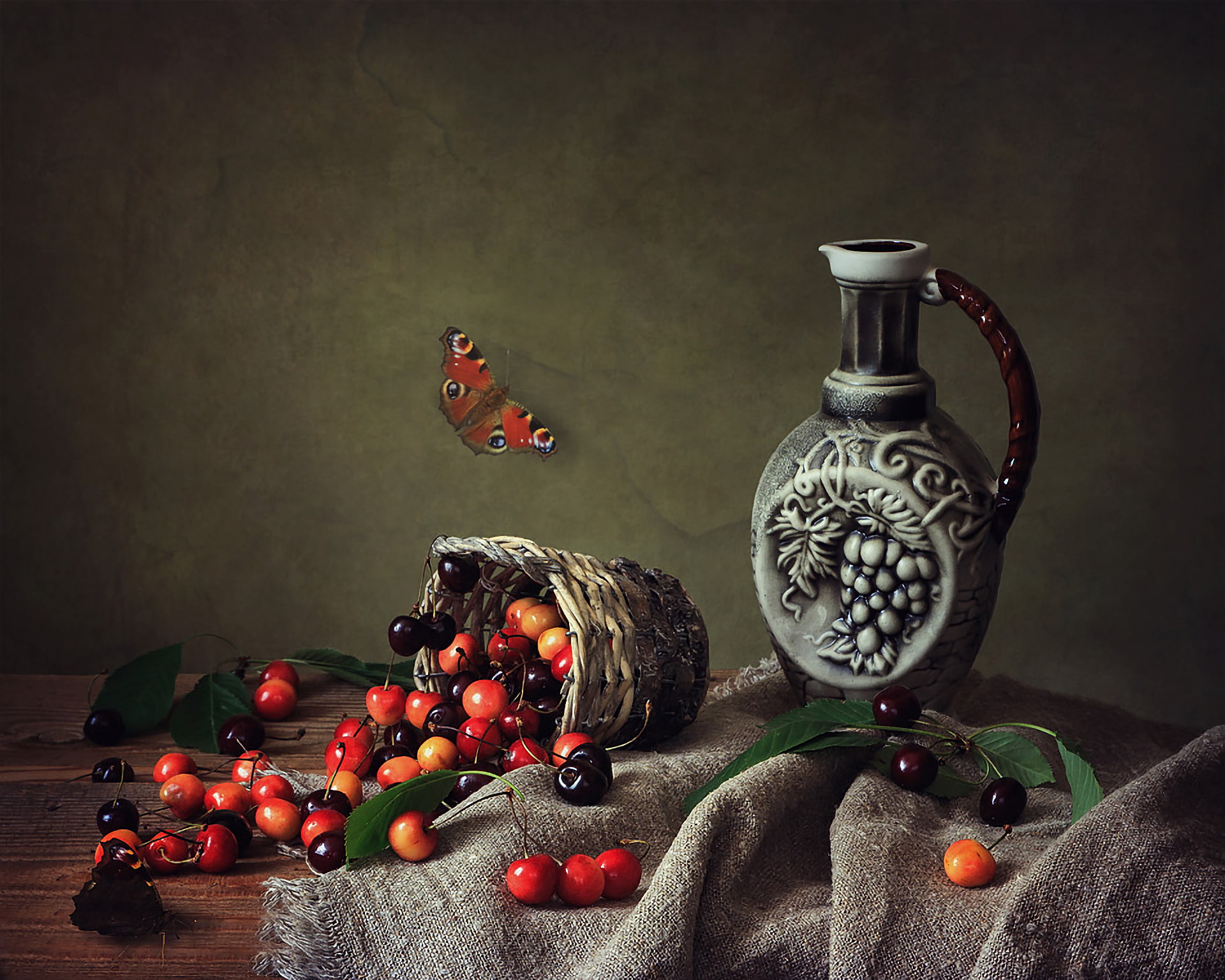 Pitcher, 1080P, Basket, Cherry, Butterfly, Still Life, Photography, HD Wallpaper