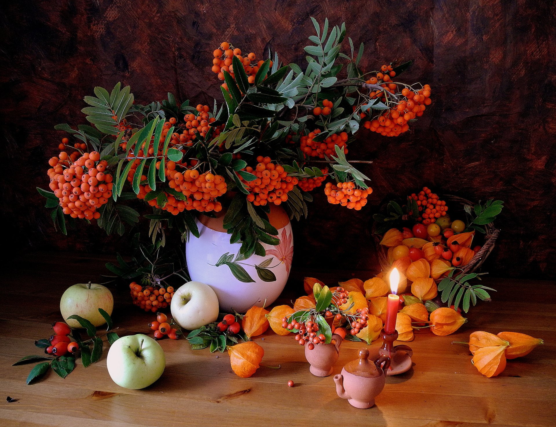 Leaf, Candle, Still Life, Photography, Apple, Apricot, Fruit, Pitcher, Vase, Orange, 1080P, Berry, HD Wallpaper