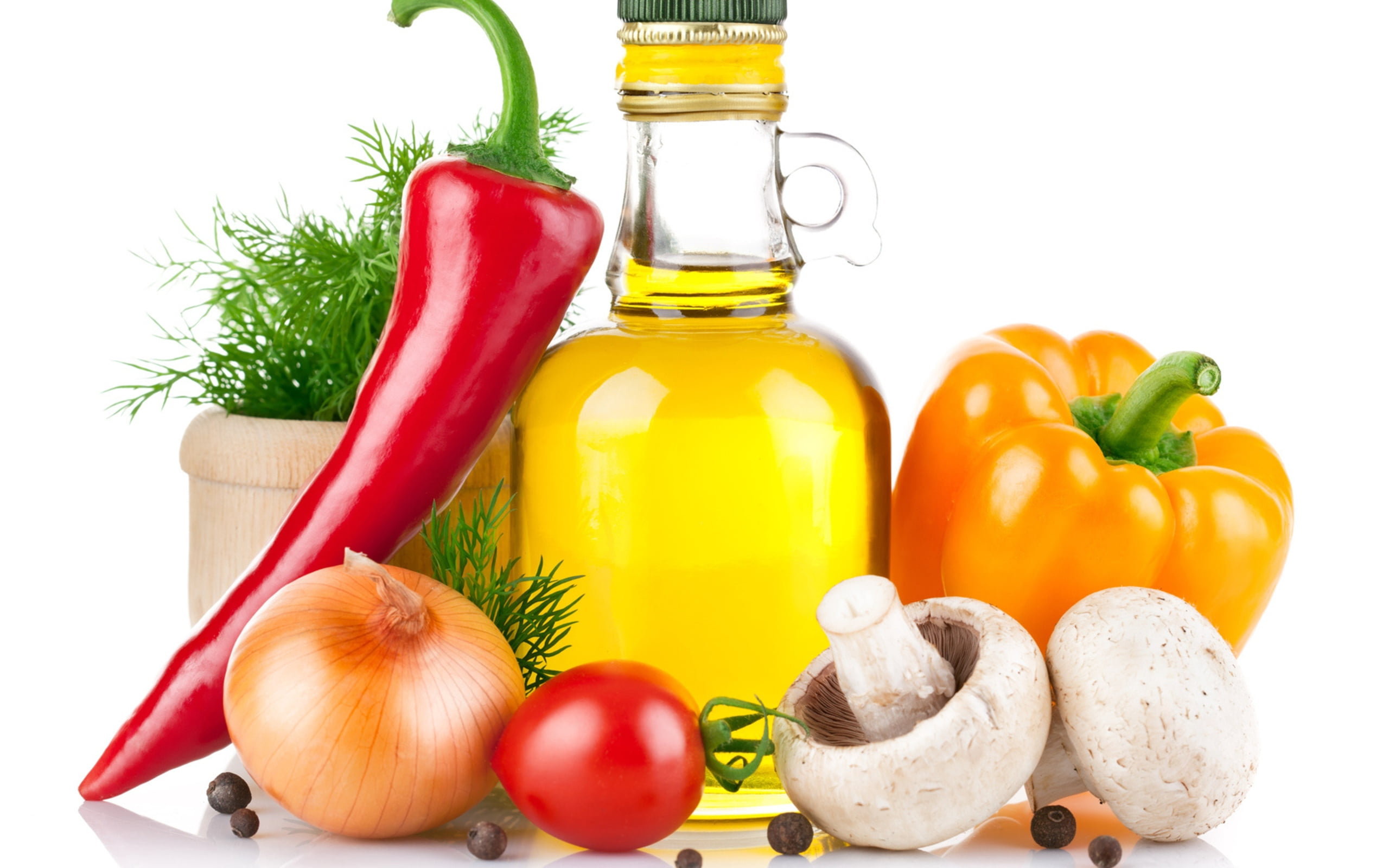 indoors, oil, red, carrot, isolated, mushroom, tomato, meal, ripe, bell pepper, groceries, cooking Oil, cooking, herb, freshness, chili, still life, garlic, HD Wallpaper