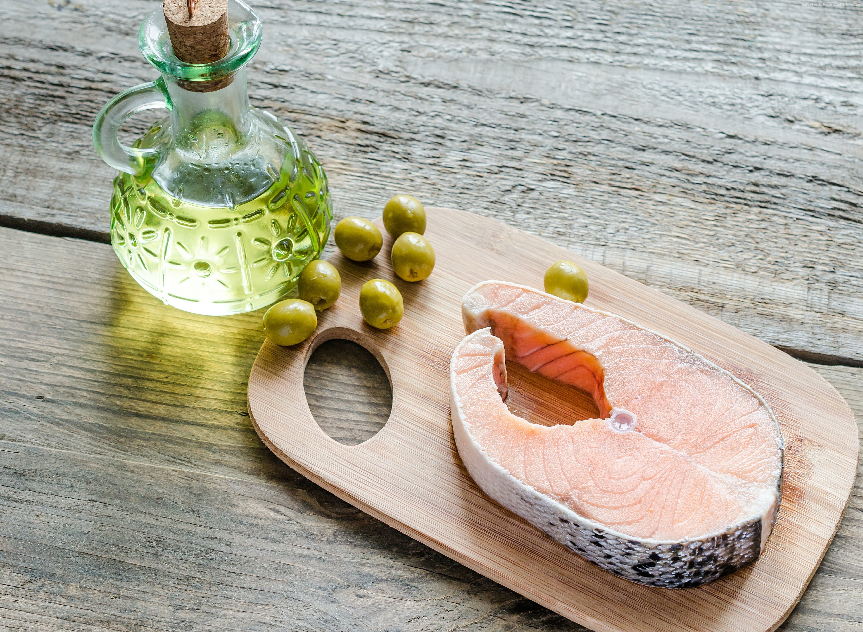 olive oil, steak, 2K, salmon, olives, HD Wallpaper