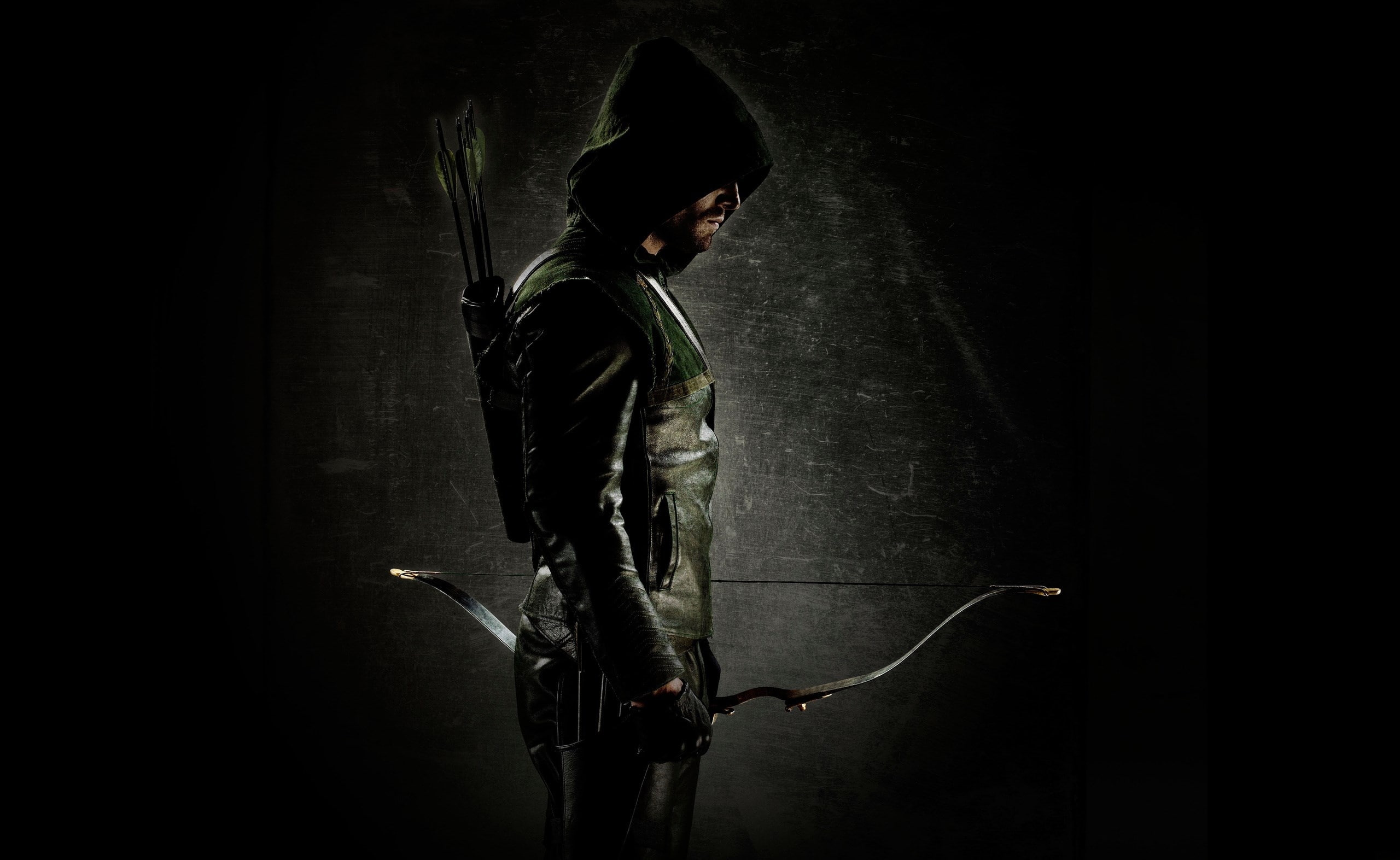 young adult, 2K, oliver queen, dark, side view, studio shot, black background, indoors, green, men, arrow, night, mystery, adult, standing, full length, HD Wallpaper