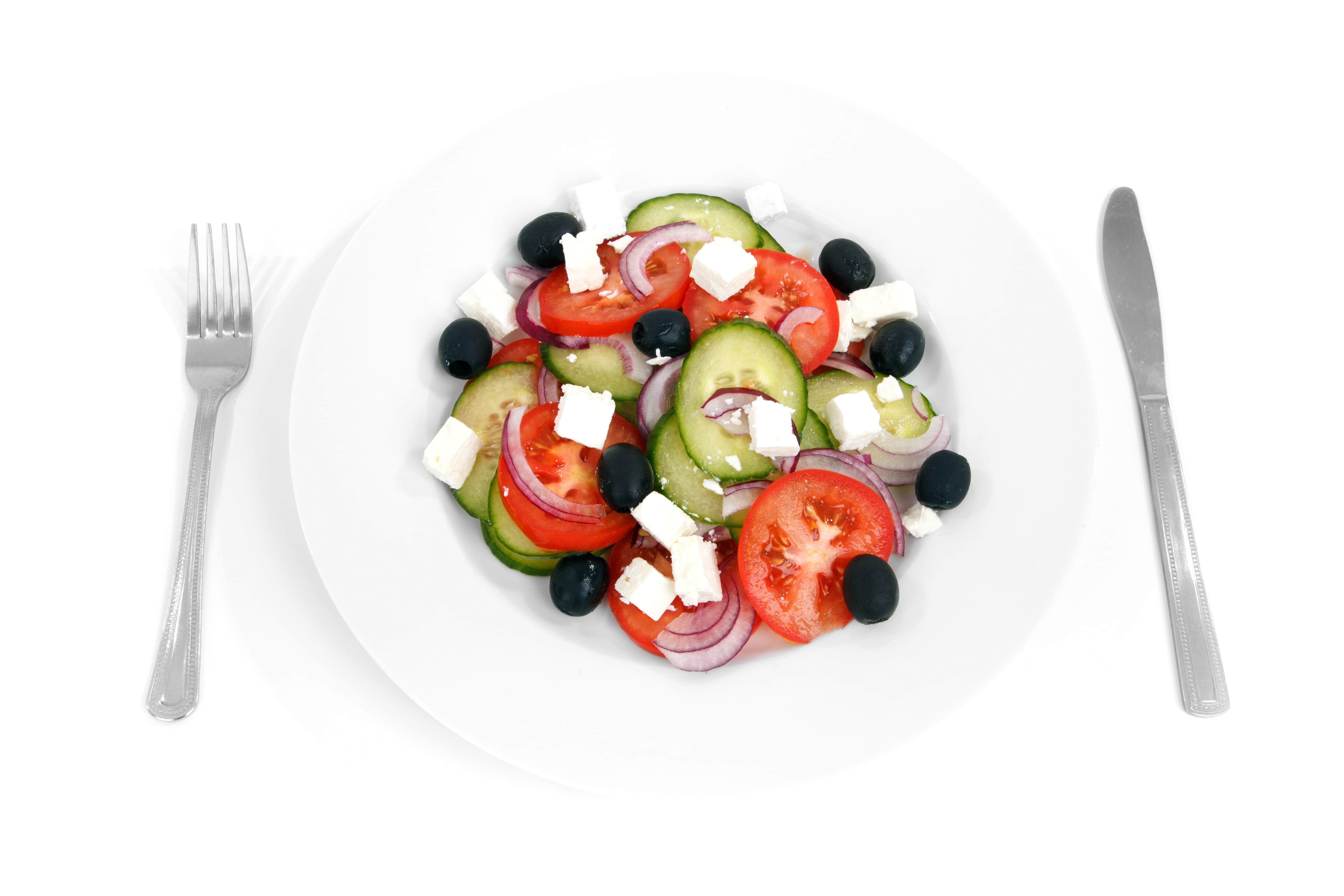 vegetable, meal, salad, food and drink, ceramic plate, feta cheese, olives, onion, 5K, greek food, mediterranean, cheese, dairy product, greek, tomato, HD Wallpaper