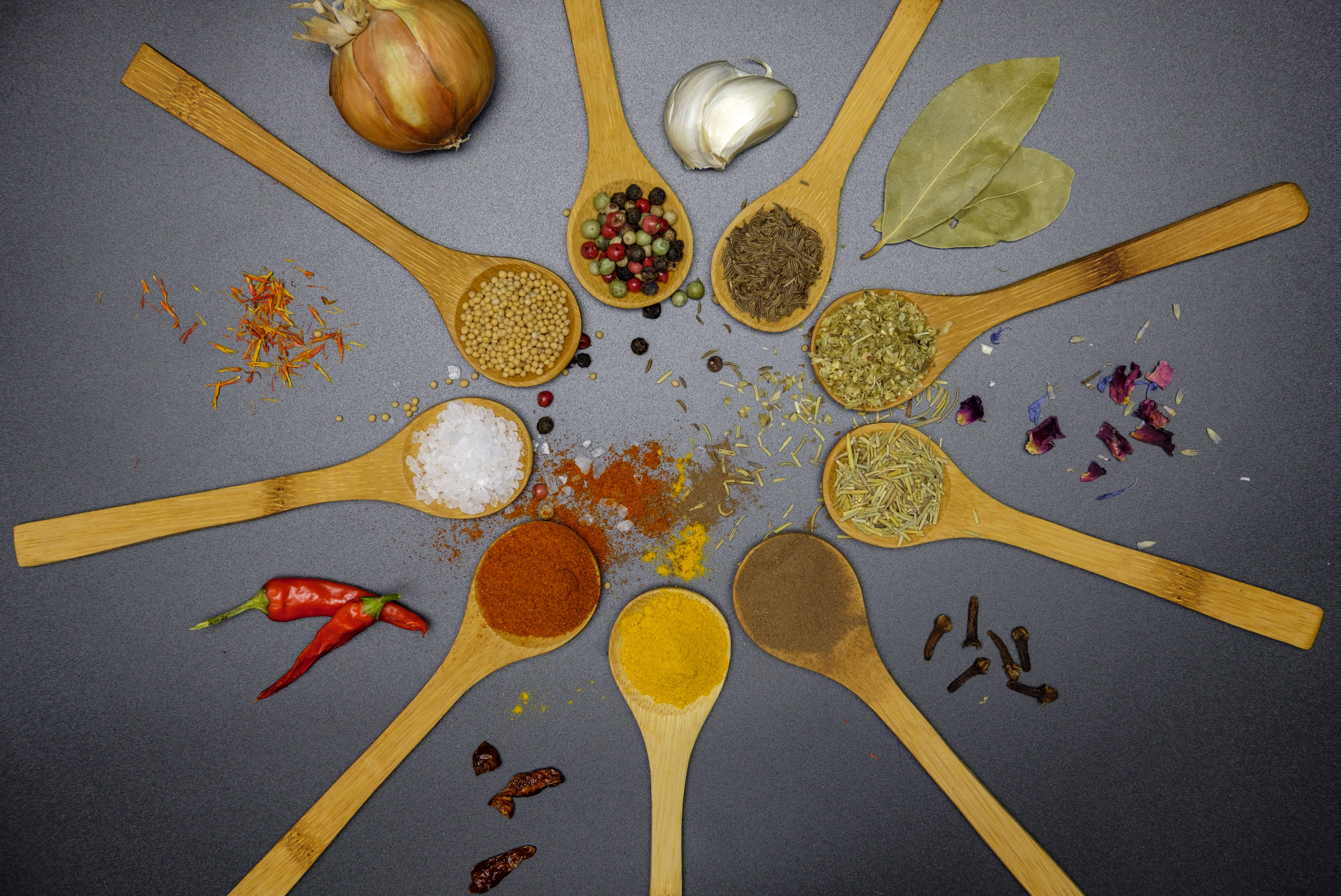 caraway, healthy eating, still life, high angle view, salt, wooden spoon, garlic, pepperoni, kitchen utensil, curcuma, cook, 5K, eating utensil, kitchen, HD Wallpaper