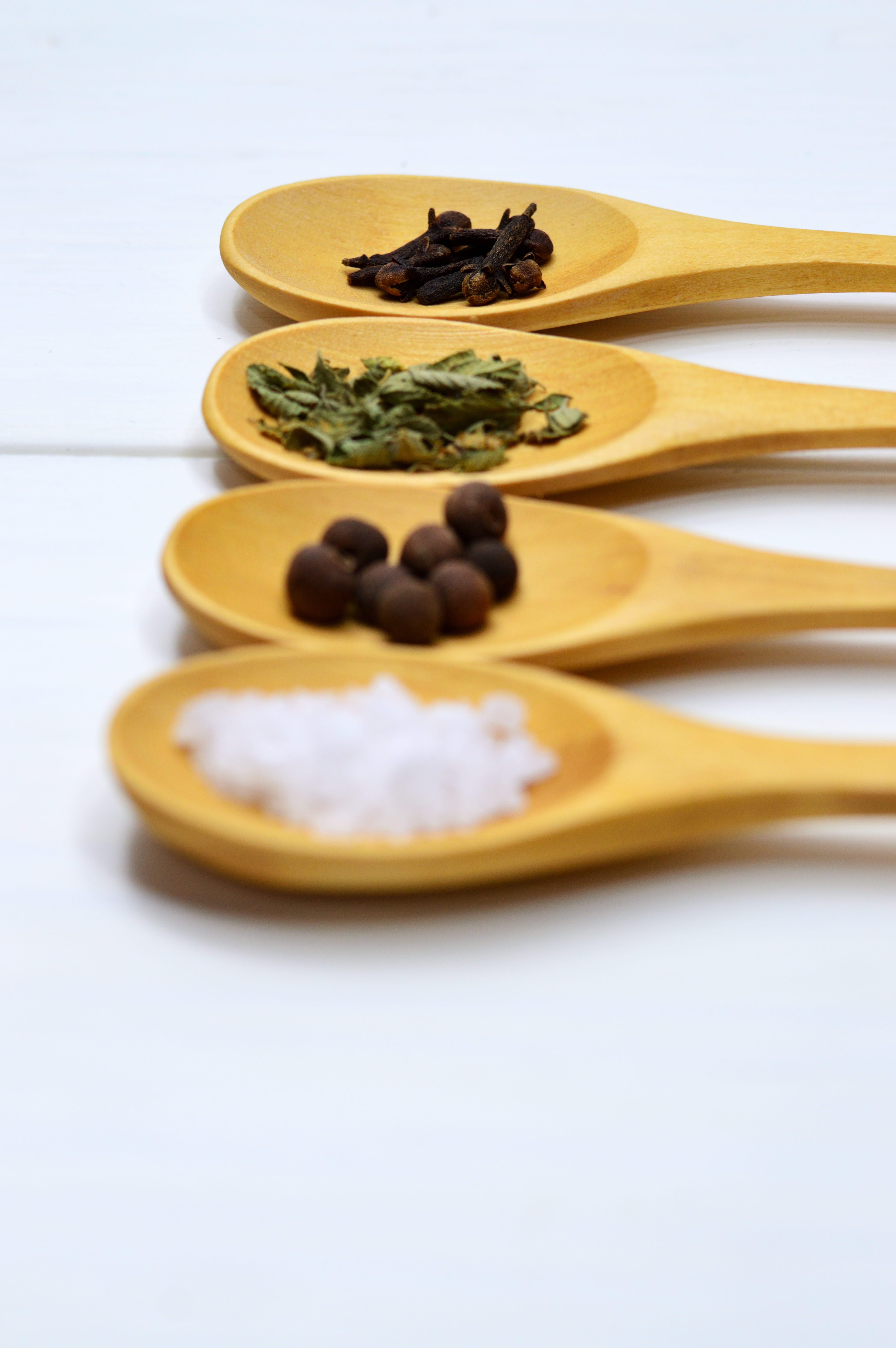 temptation, four, wood, spices, wooden spoon, food, still life, eating utensil, vegetable, object, food and drink, bright, kitchen utensil, selective focus, Phone HD Wallpaper
