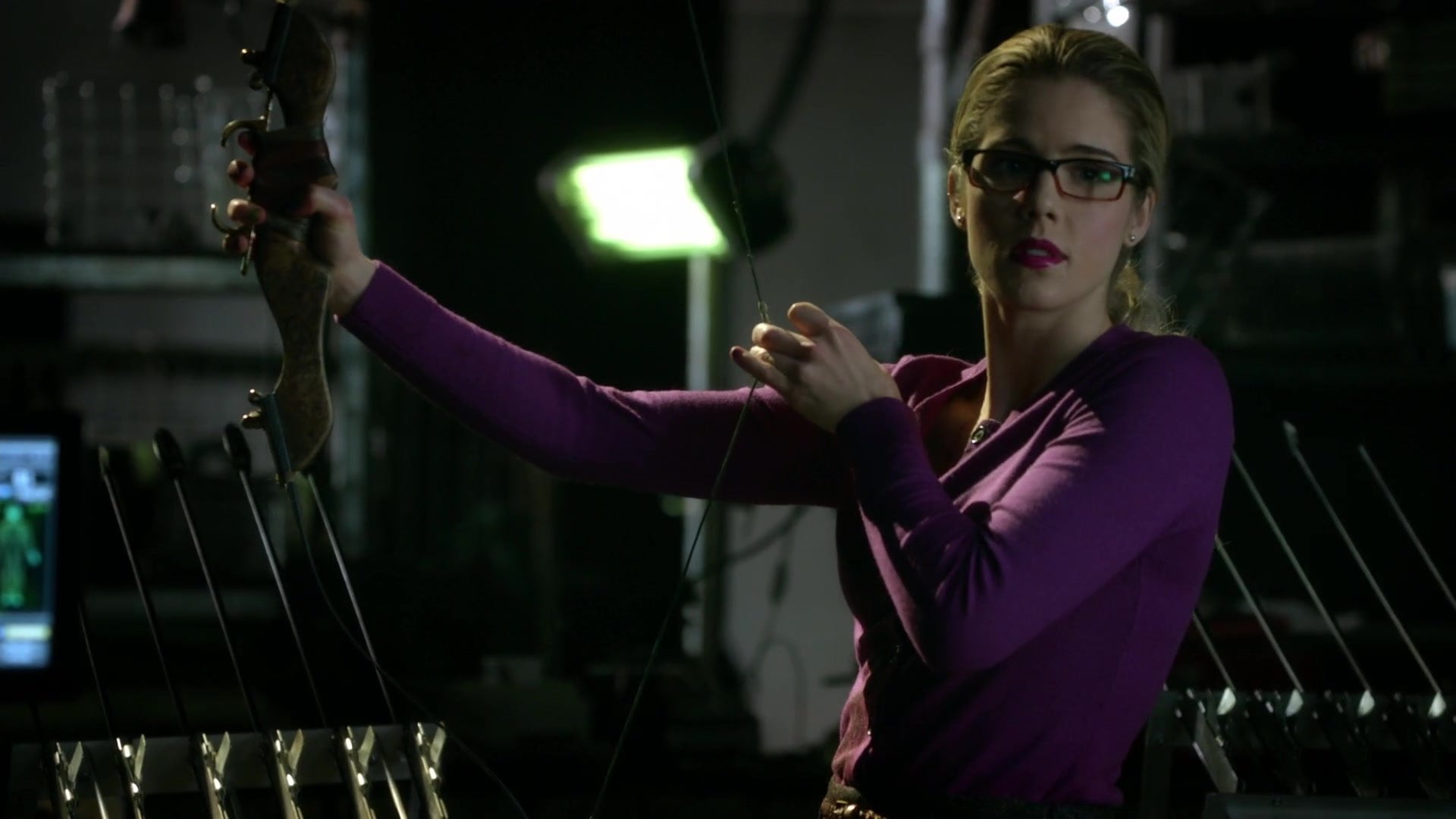 waist up, holding, young women, beautiful woman, dark, 1080P, one person, Felicity Smoak, women, night, hair, Emily Bett Rickards, TV Show, fashion, music, HD Wallpaper