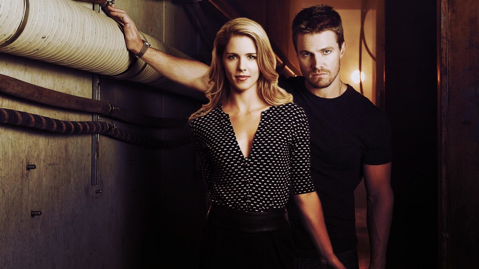 smiling, Emily Bett Rickards, togetherness, emotion, retro styled, Stephen Amell, 1080P, people, young adult, heterosexual couple, men, TV Show, happiness, HD Wallpaper
