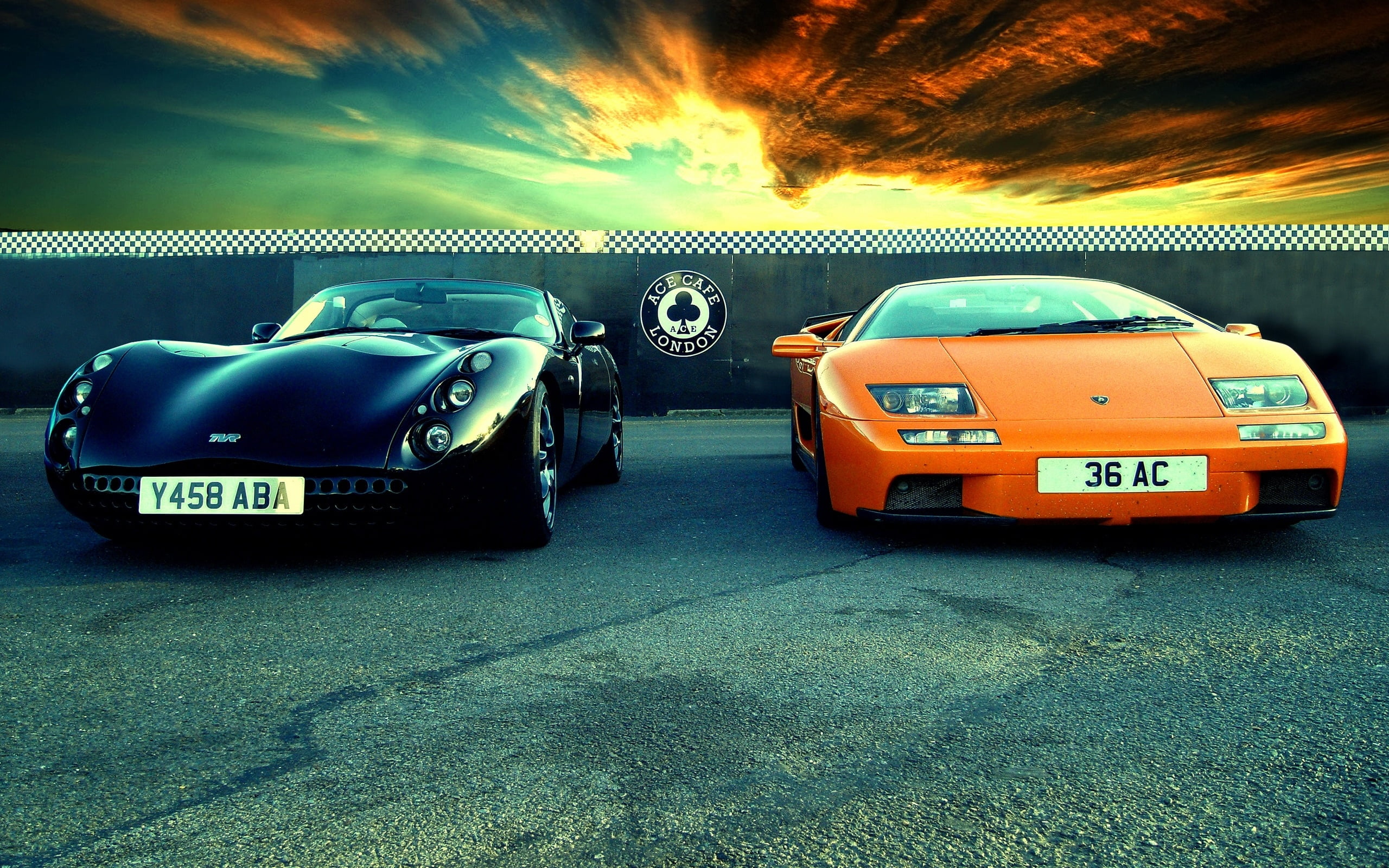 number, mode of transportation, vehicle, land vehicle, luxury, car, TVR, transportation, orange cars, sports car, no people, nature, black cars, taxi, sunlight, HD Wallpaper