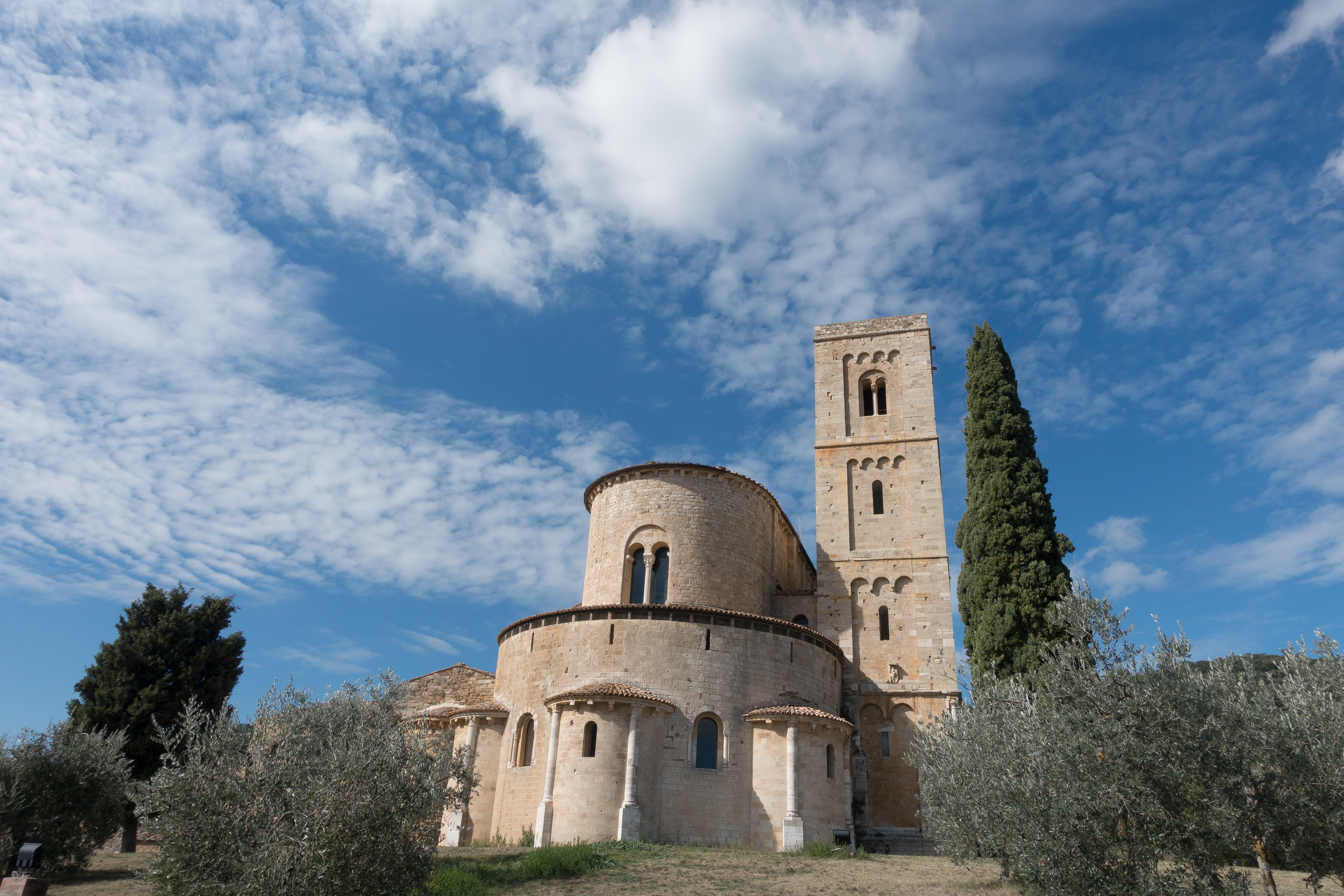 travel, tree, abbey, romanesque, cypress, church, olive tree, monastery, cloud - sky, belief, plant, no people, tuscany, day, building exterior, religion, HD Wallpaper