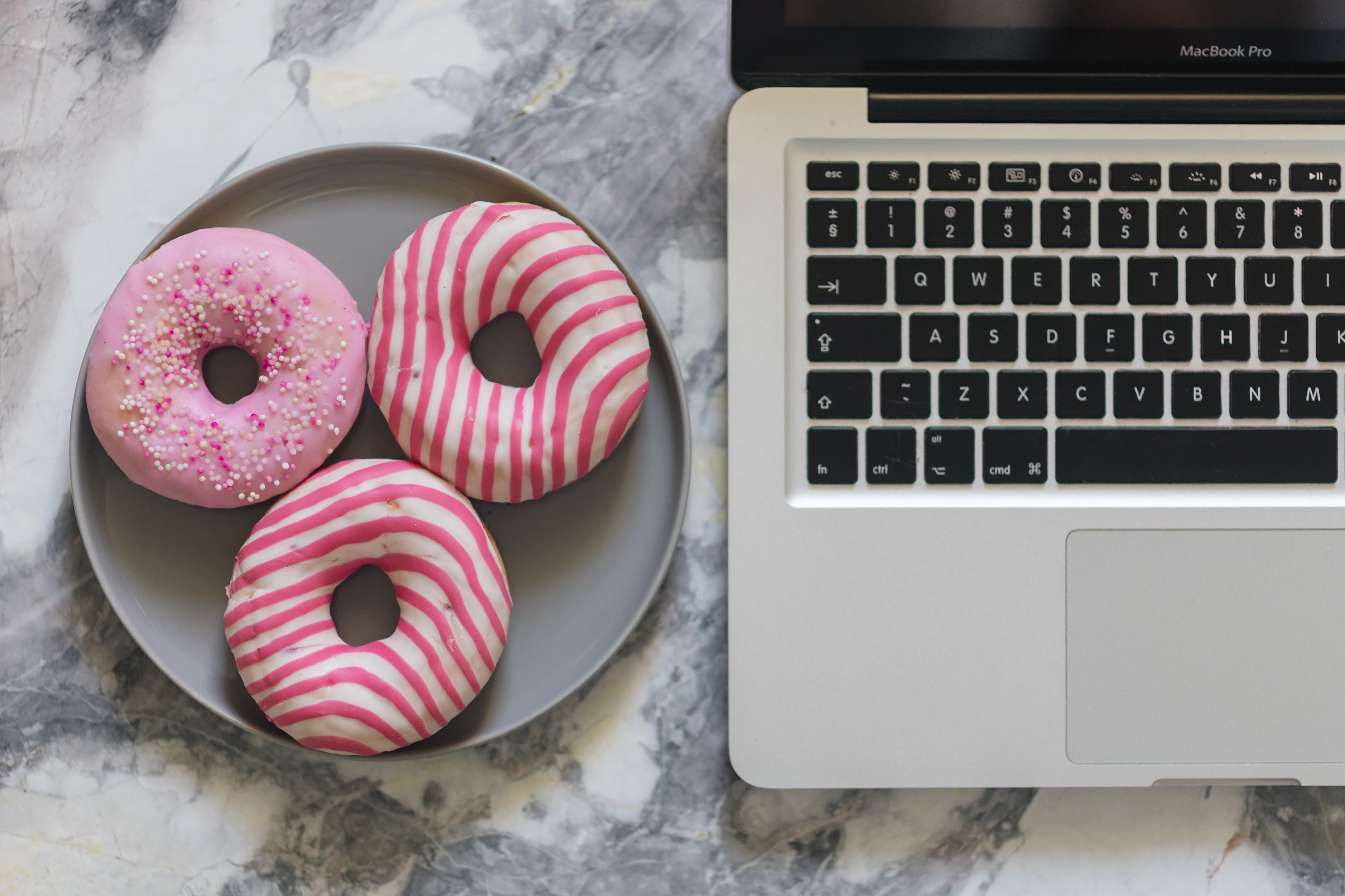 technology, no people, tasty, food, still life, pink color, communication, sweet, baked, doughnut, table, colorful, treat, wireless technology, close-up, HD Wallpaper