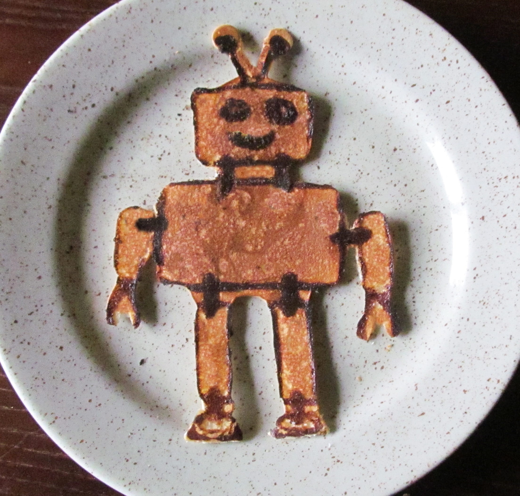 meal, pancake, plate, indoors, kids, snack, temptation, ready-to-eat, 1080P, baked, sweet, robot, creative, sweet food, fresh, dessert, children, table, HD Wallpaper