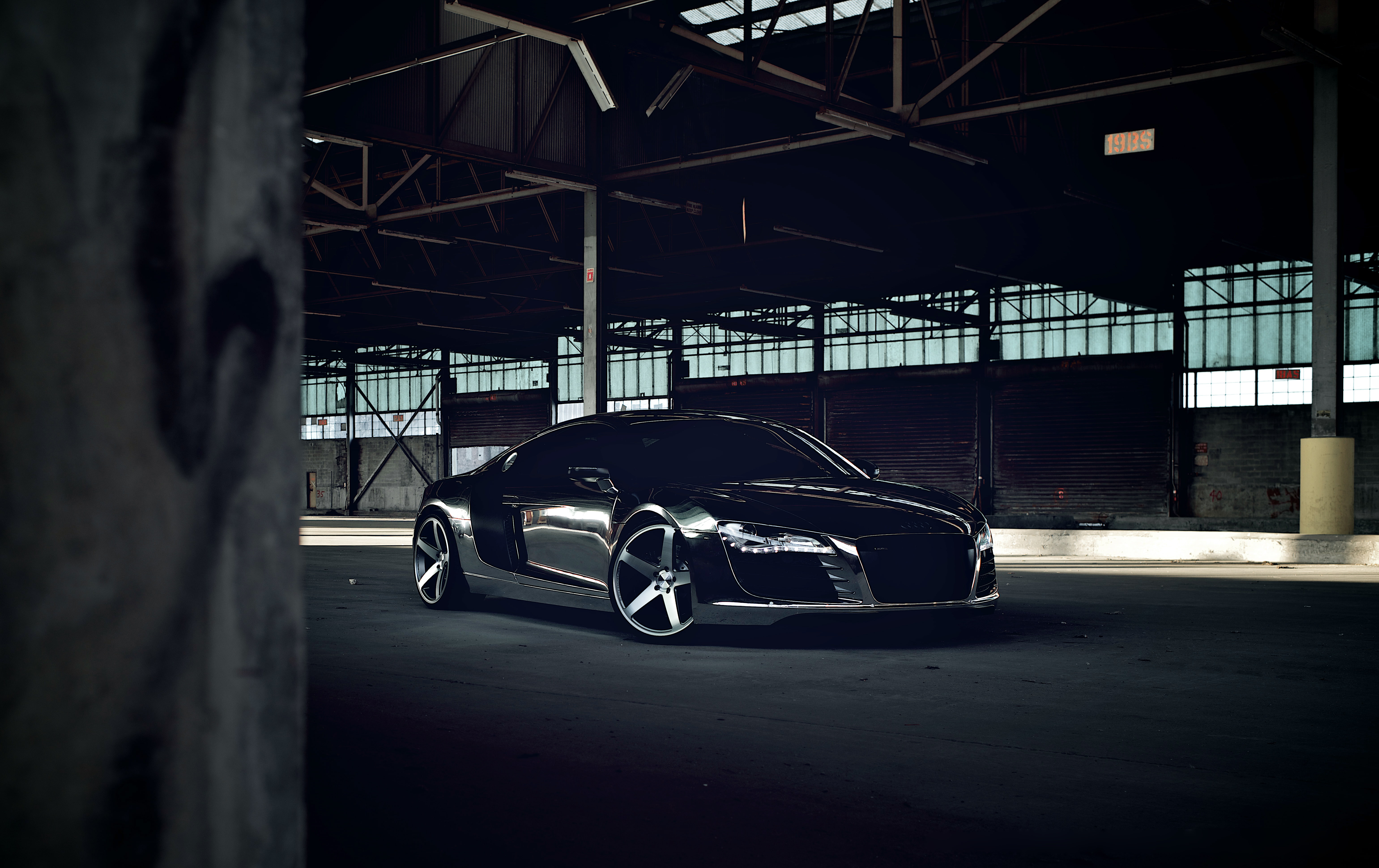 gray, motor vehicle, r, Audi, 5K, stationary, Chrome, built structure, CW-5, garage, parking garage, day, land vehicle, architectural column, no people, HD Wallpaper