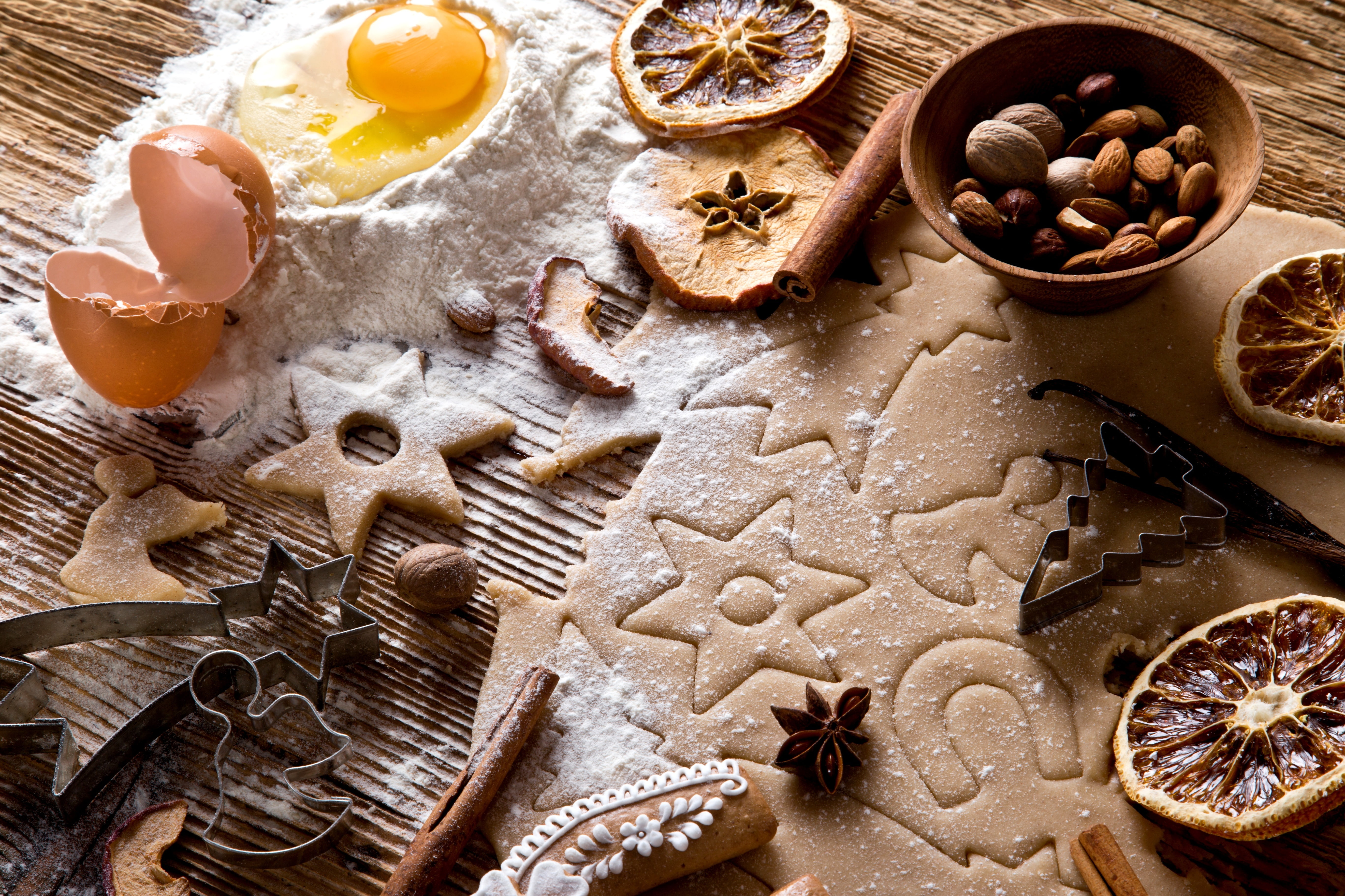 cinnamon, New Year, molds, almonds, the dough, egg, Anis, nuts, 5K, Christmas, cakes, dessert, apples, spices, oranges, cookies, star anise, flour, HD Wallpaper