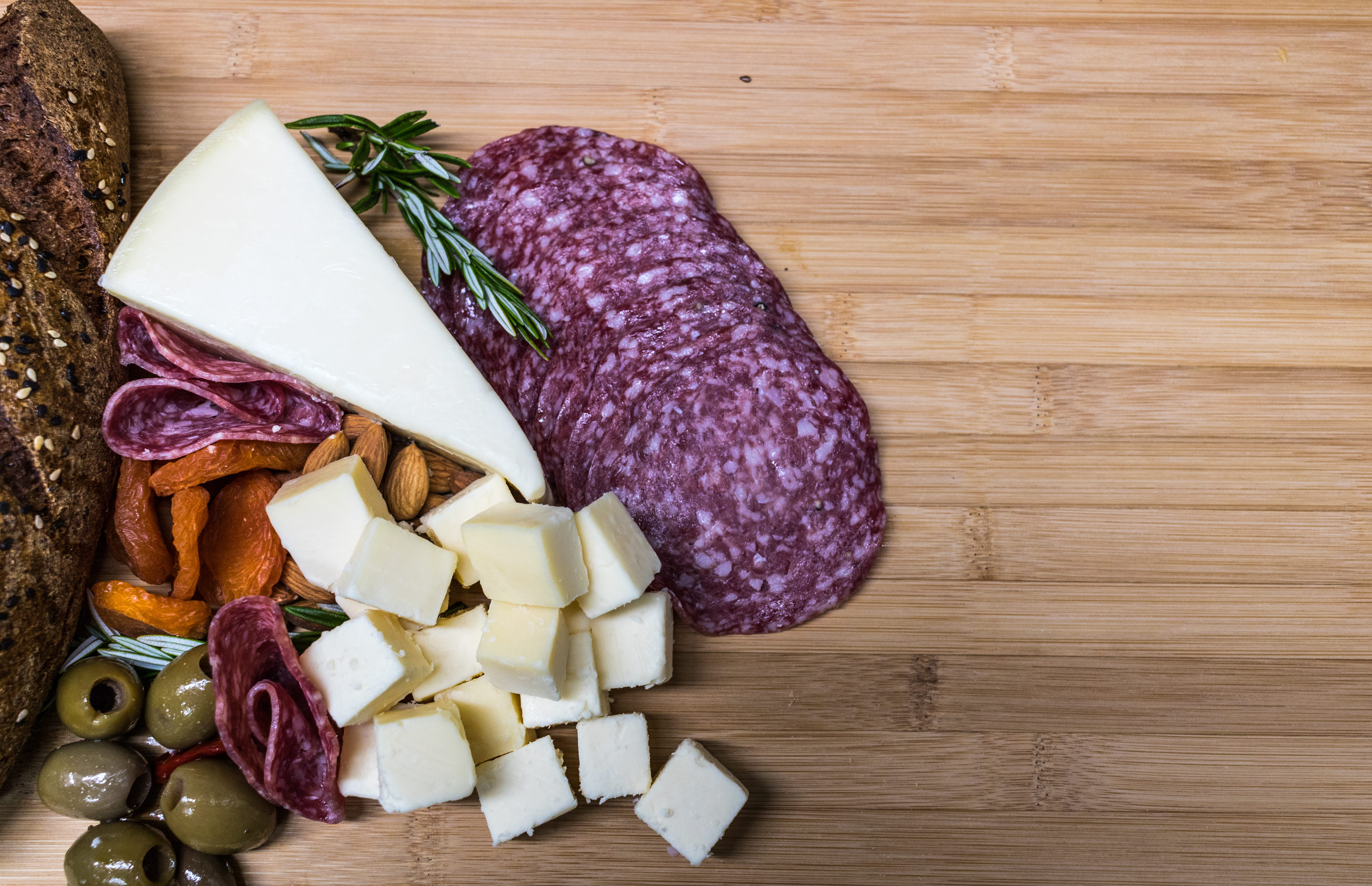preparing food, freshness, almonds, dried fruit, slice, indoors, meat, 5K, food and drink, cured, directly above, dairy product, cheese, raw food, still life, HD Wallpaper