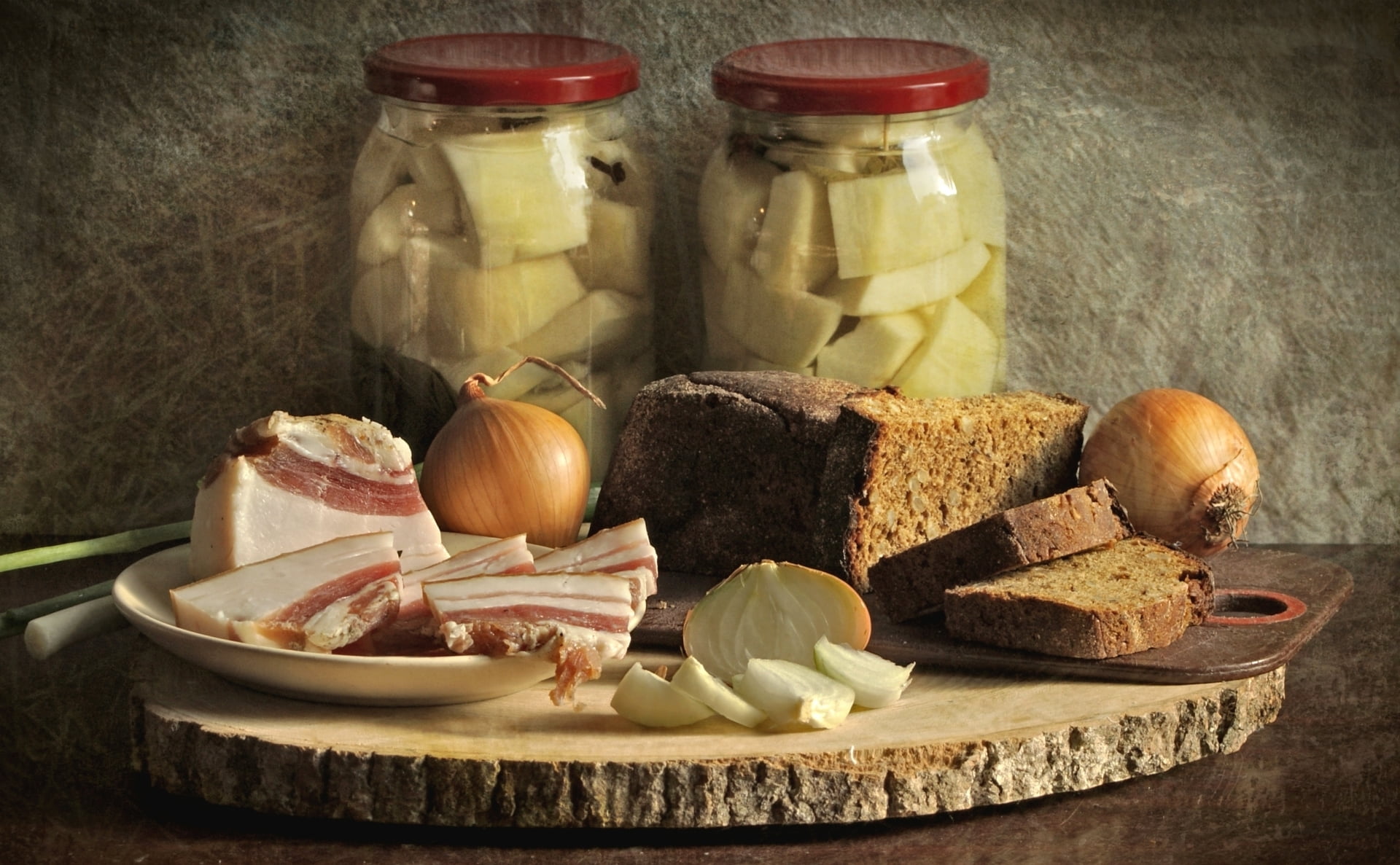 breakfast, pickle, container, homemade, freshness, still life, onion, indoors, salami, wellbeing, meat, delicatessen, 1080P, wood - Material, appetizer, HD Wallpaper