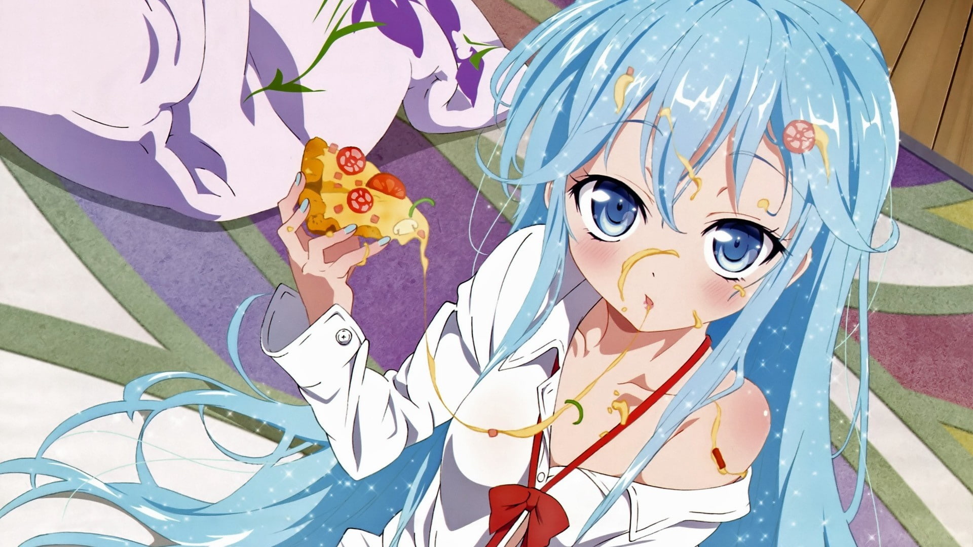 cheese, tomatoes, blue eyes, 1080P, anime girls, pizza, food, blue hair, anime, HD Wallpaper