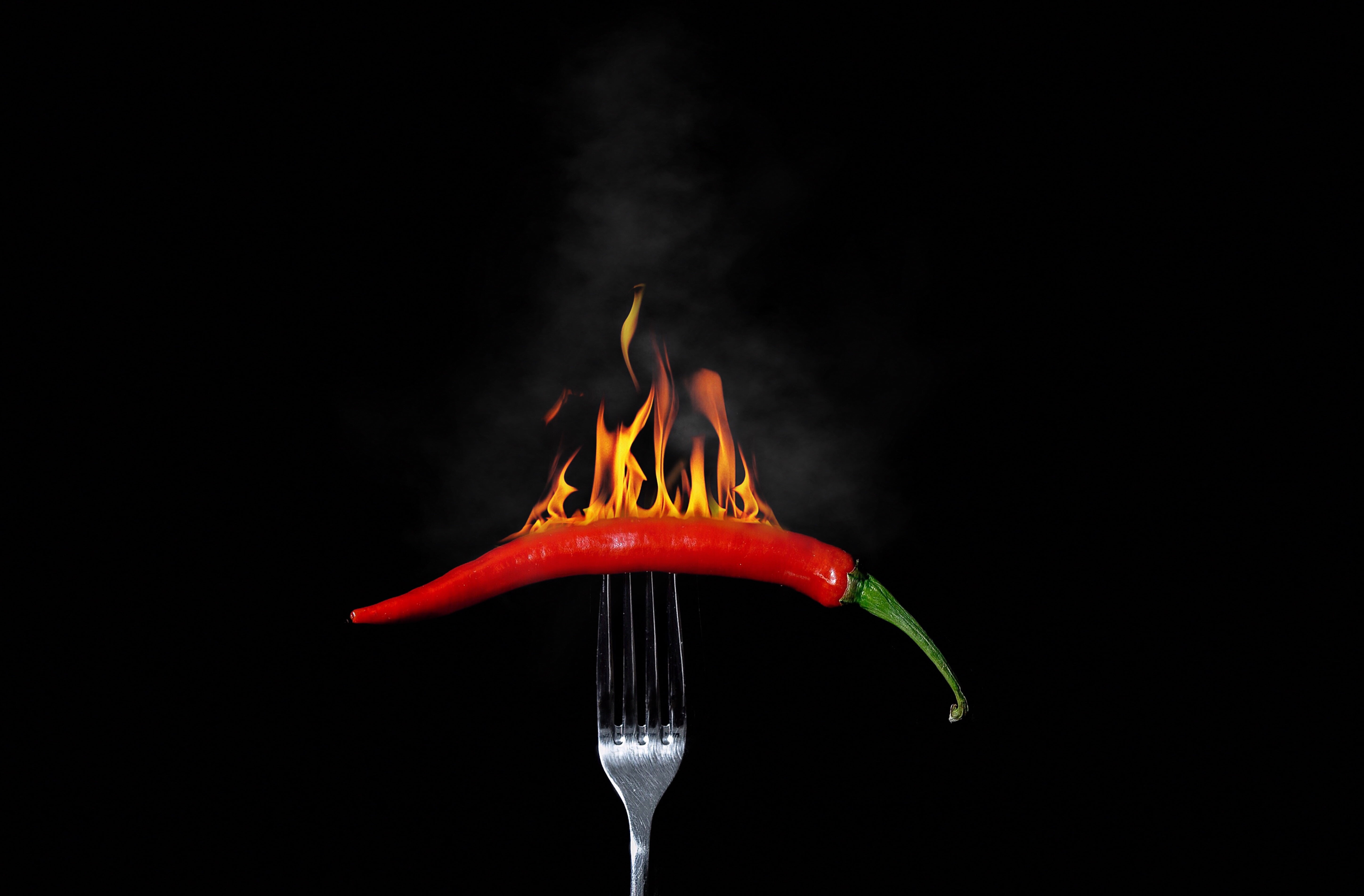 fork, eating utensil, healthy eating, kitchen utensil, food and drink, red chili pepper, wellbeing, freshness, heat - temperature, black background, spice, HD Wallpaper