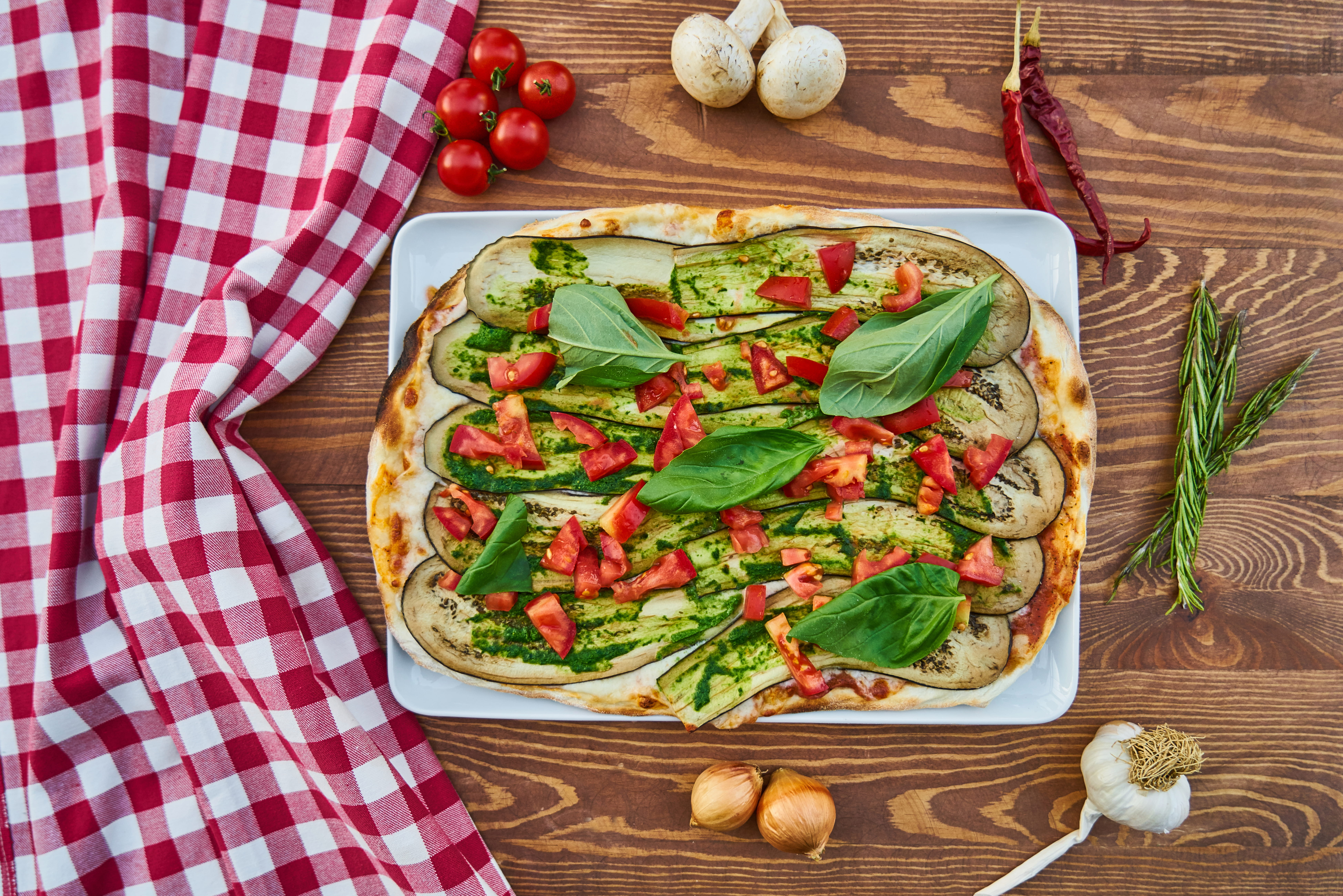 pizza, directly above, eating utensil, ready-to-eat, cutting board, ingredient, cuisine, kitchen utensil, eggplant, diet, 8K, vegetable, mushroom, high angle view, HD Wallpaper