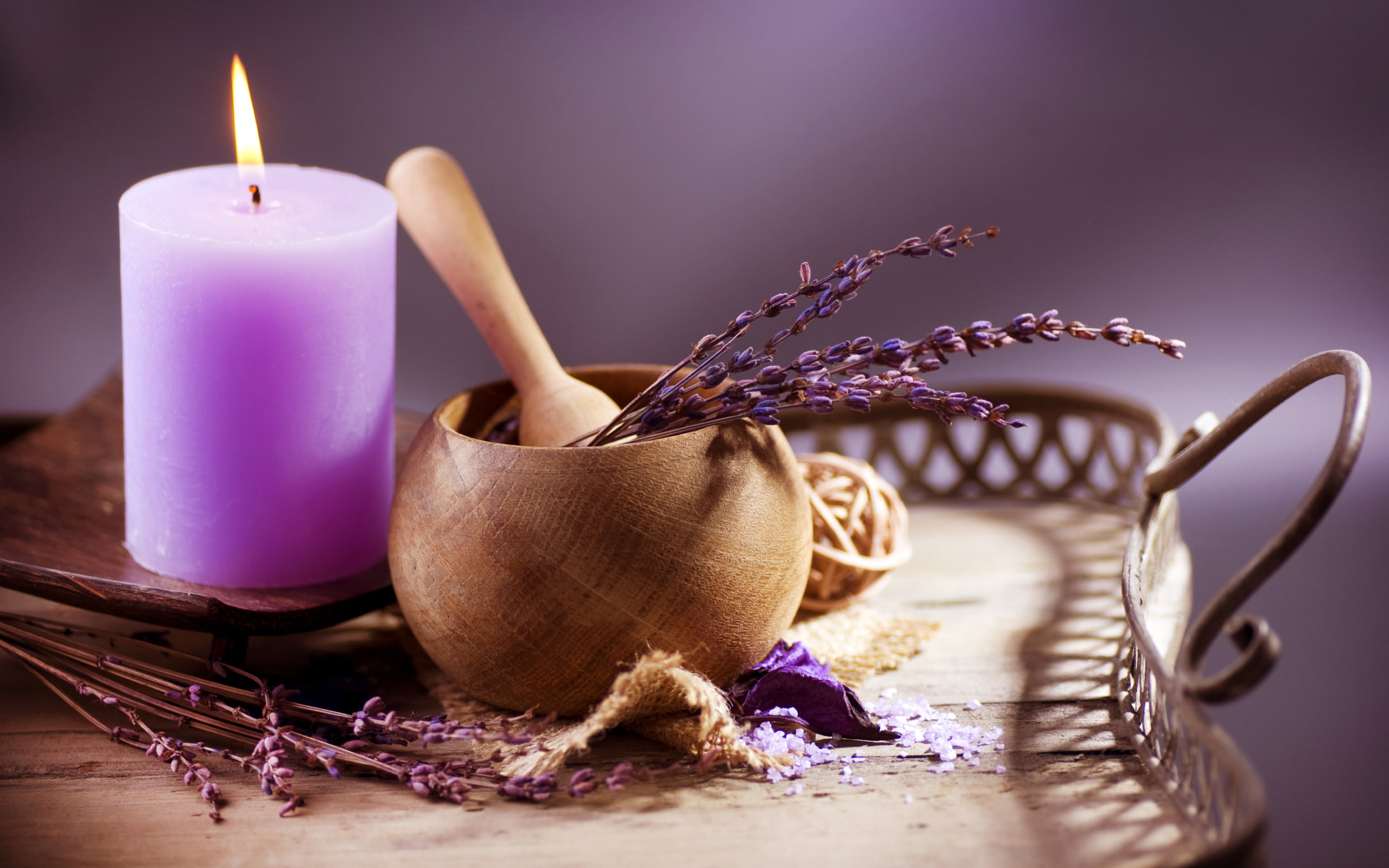 blade, 2K, lavender, the color purple, Sprig, candle, pot, HD Wallpaper