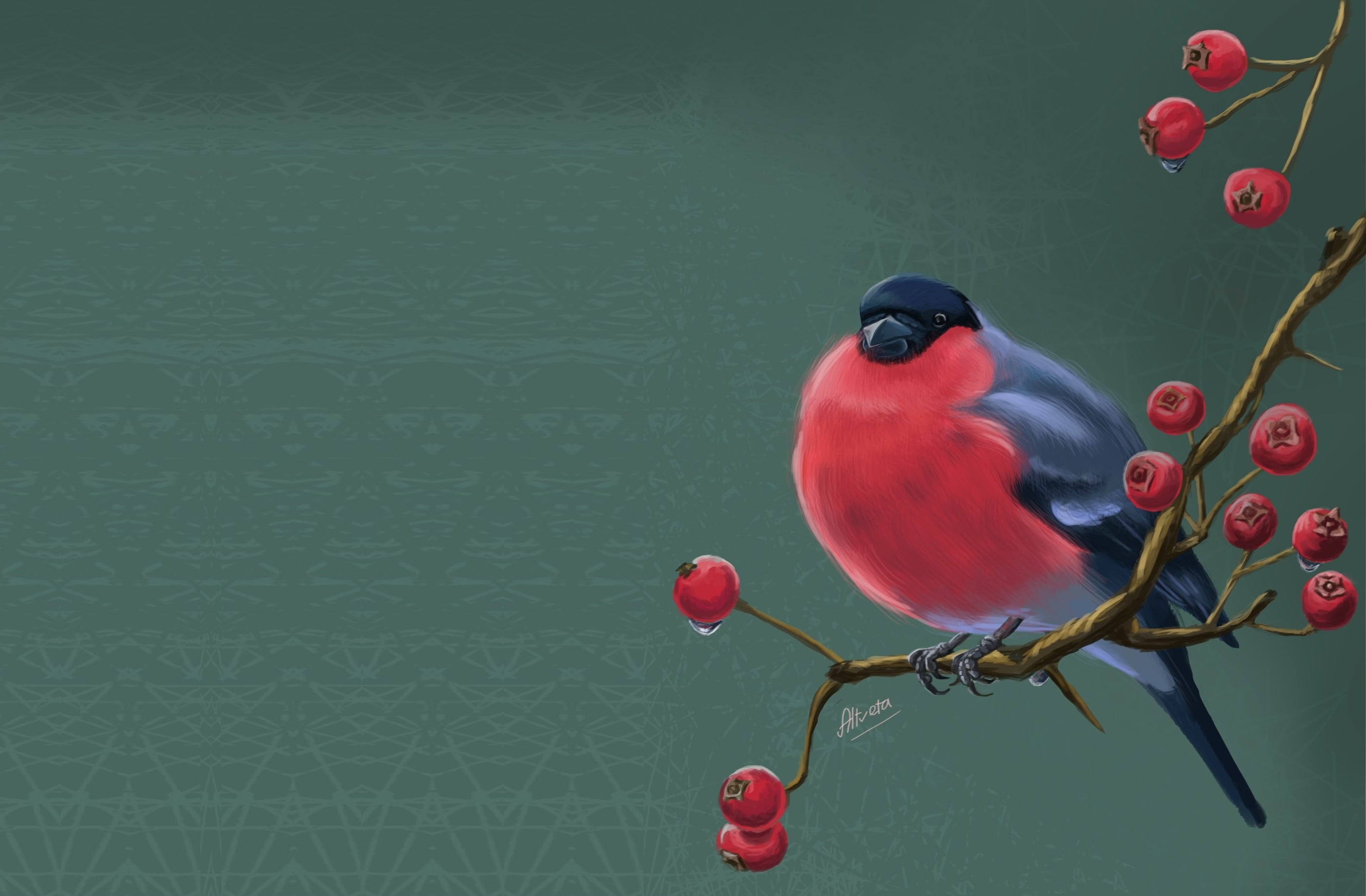 art, bullfinch, 2K, bird, Svetlana Antonova, childrens, winter, Rowan, sprig, HD Wallpaper