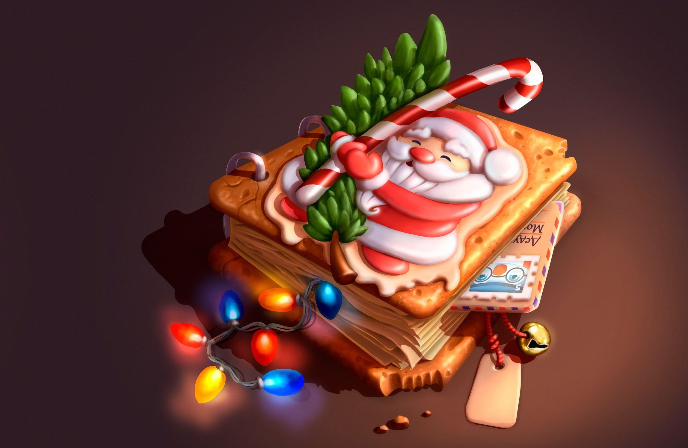caramel, garland, SMIRNOV SCHOOL, Christina Platoon, 1080P, holiday, book, postcard, New year, herringbone, sprig, childrens, art, congratulations, lights, HD Wallpaper