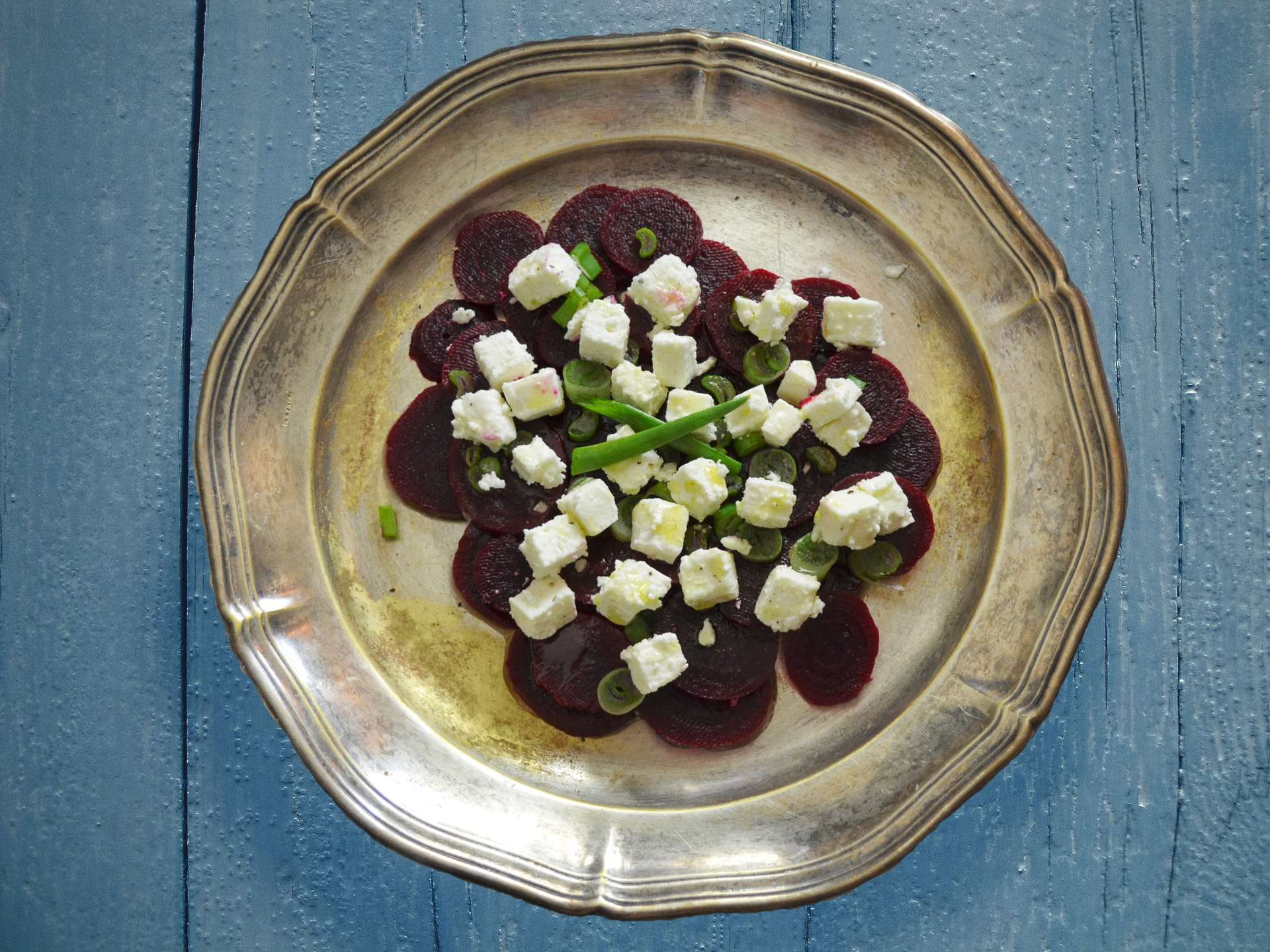 beet, 1080P, plated food, diet, mediterranean, high angle view, healthy, photos, red, leaf, appetizer, olive oil, meal, delicious, feta, food, metallic plate, HD Wallpaper