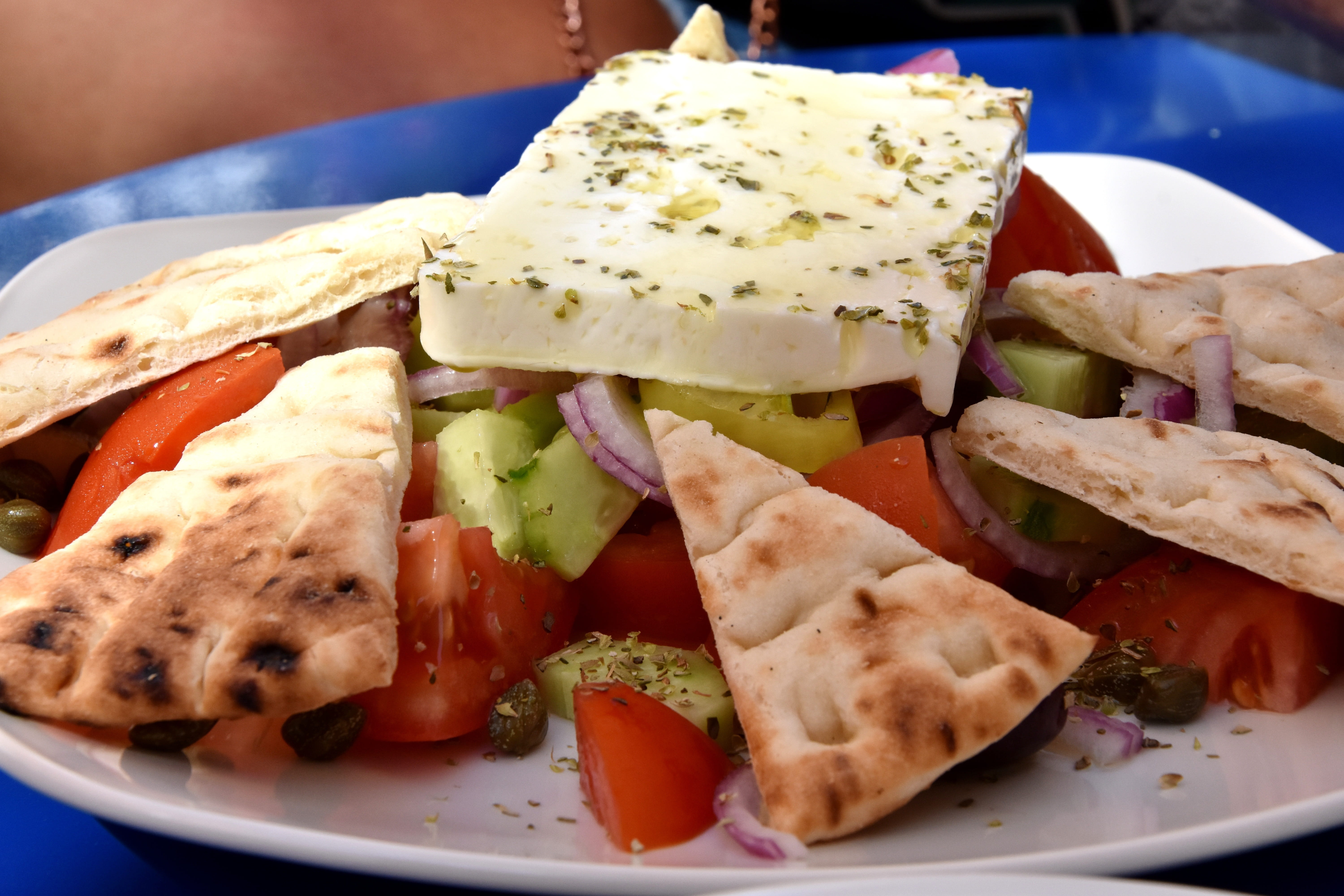 indoors, healthy eating, greece, close-up, tasty, meal, travel, mediterranean, gourmet, healthy, tortilla - flatbread, meals, pita bread, 5K, tomato, plate, HD Wallpaper