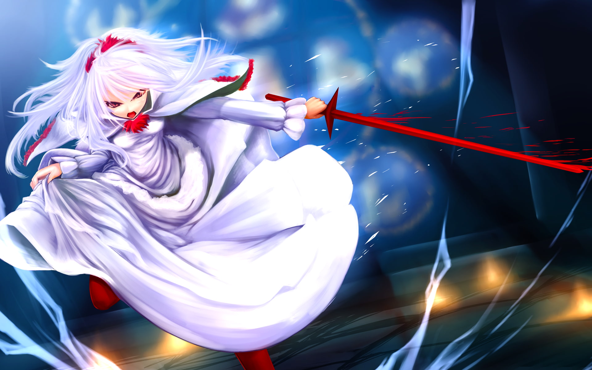 anime girls, long hair, weapon, 1080P, sword, red eyes, Pardoner Fennel, anime, Momodora: Reverie Under the Moonlight, white hair, rdein, HD Wallpaper