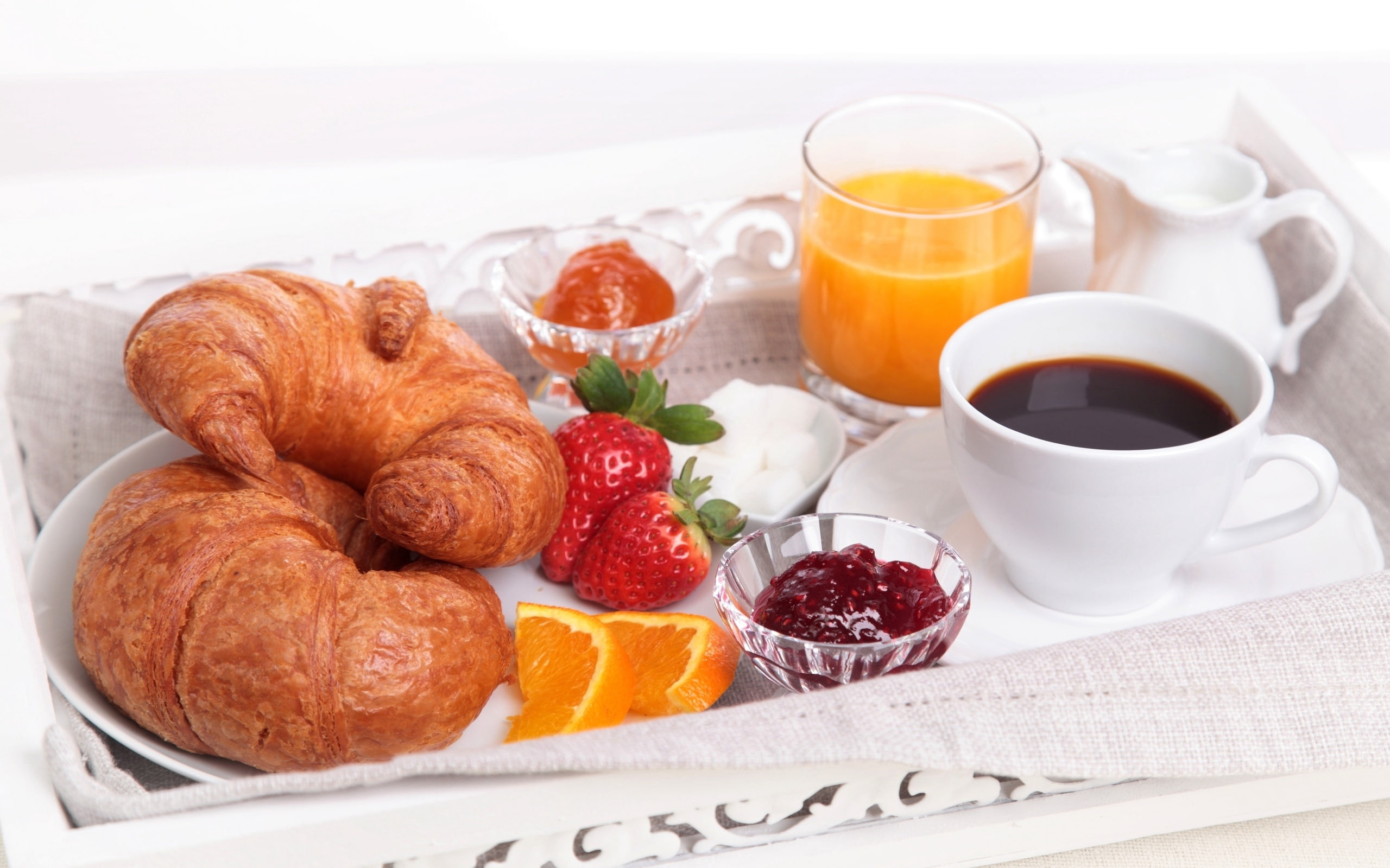 jam, bagels, juice, strawberry, breakfast, 2K, coffee, croissants, HD Wallpaper