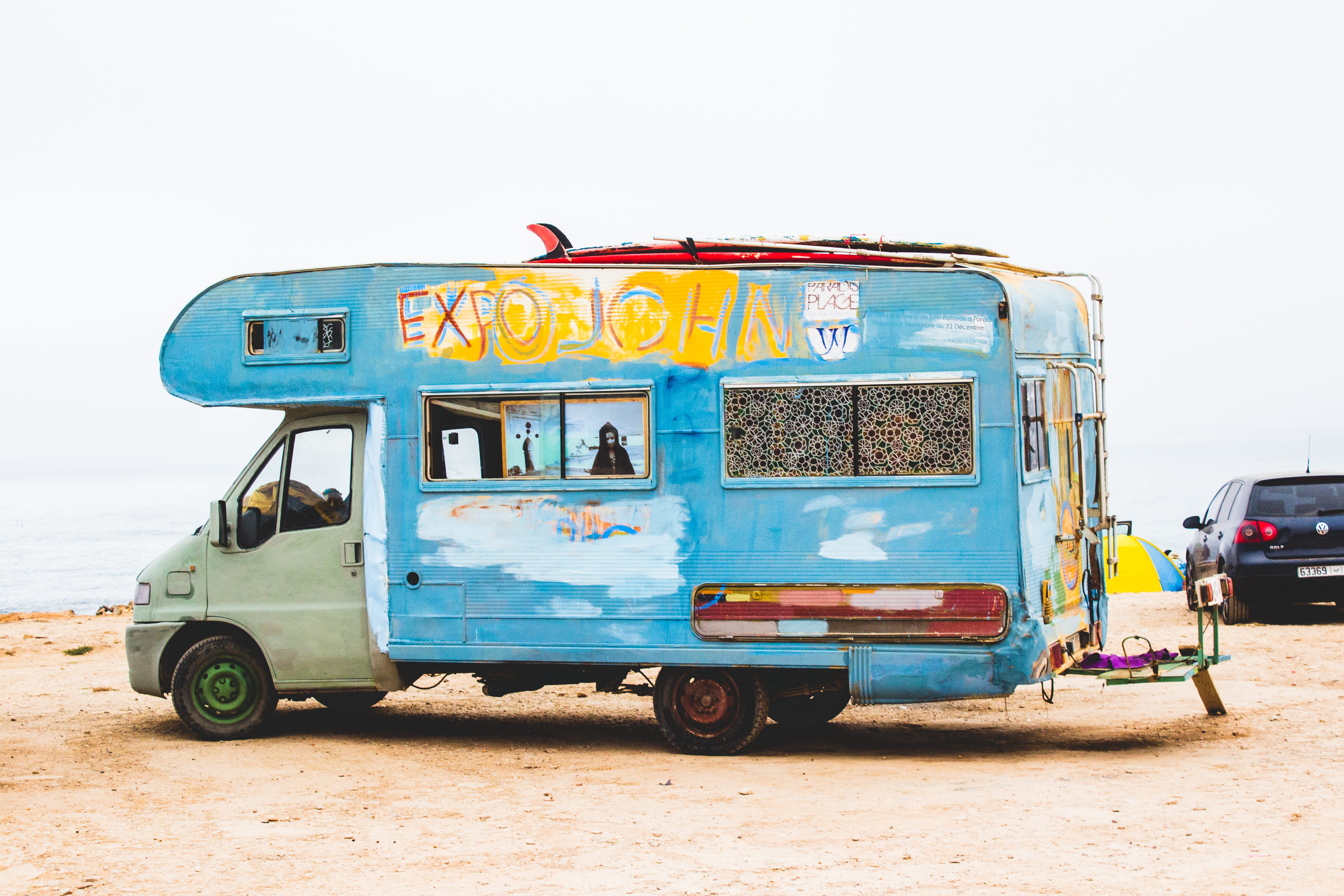 van - vehicle, trip, van, clear sky, vintage, old, motor vehicle, nature, sky, board, outdoors, day, 4K, sun, retro, hippie, road, taghazout, no people, HD Wallpaper