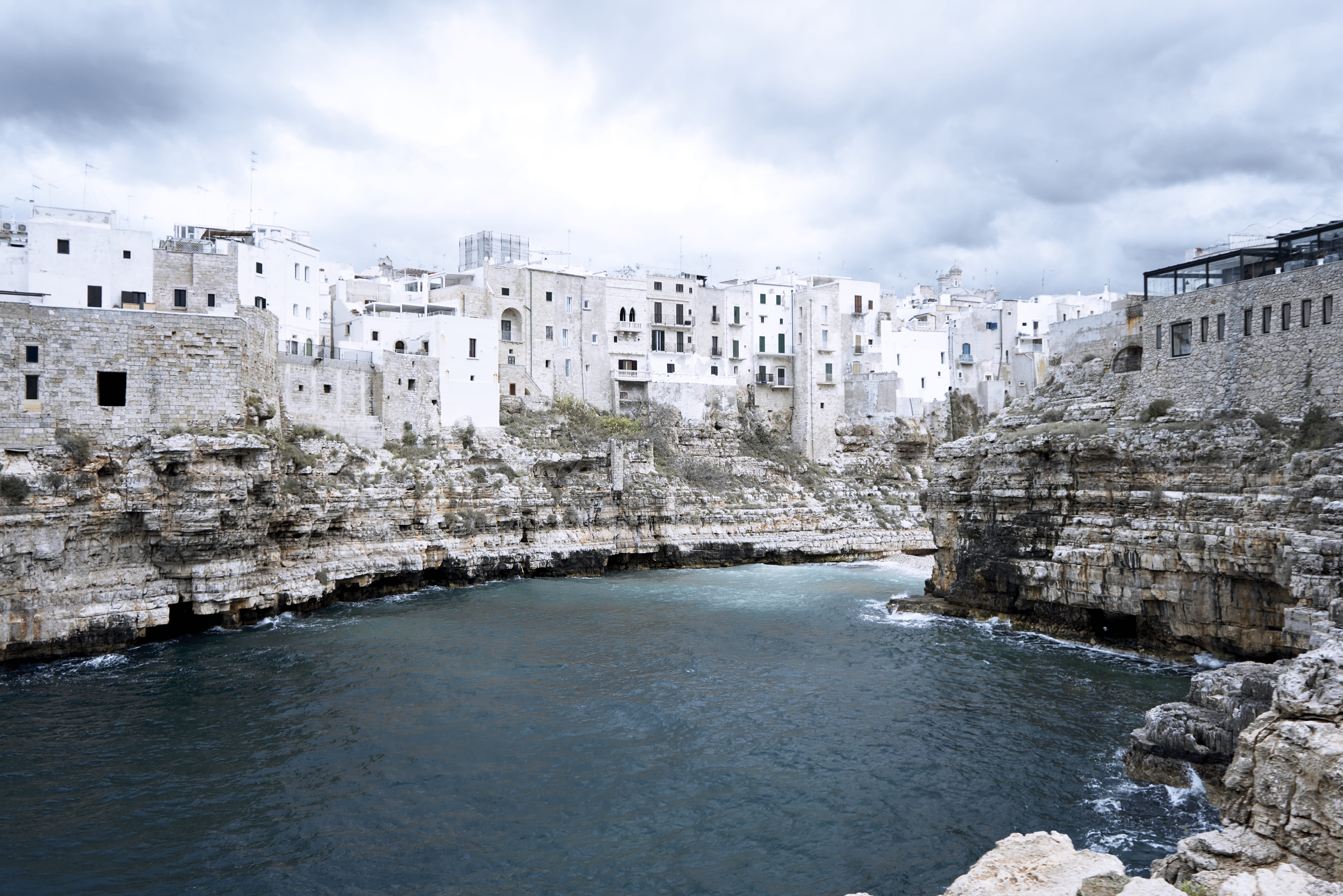 sky, clouds, puglia, built structure, outdoors, architecture, no people, rock, promontory, solid, www.maxlibertine.com, polignano a mare, cloud - sky, sea, HD Wallpaper