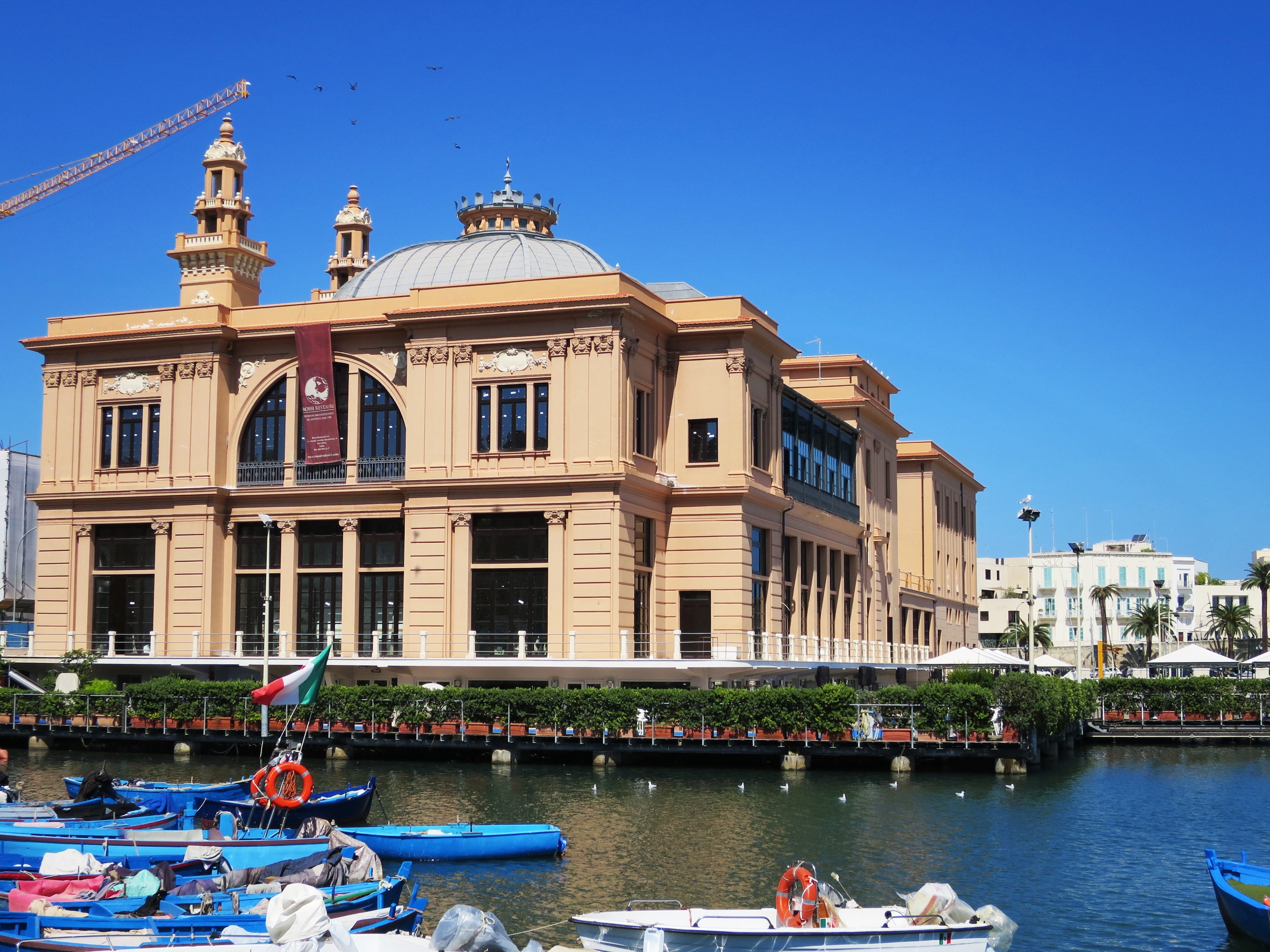 city, puglia, canal, 4K, building exterior, architecture, nature, bari, building, water, outdoors, clear sky, passenger craft, moored, built structure, HD Wallpaper