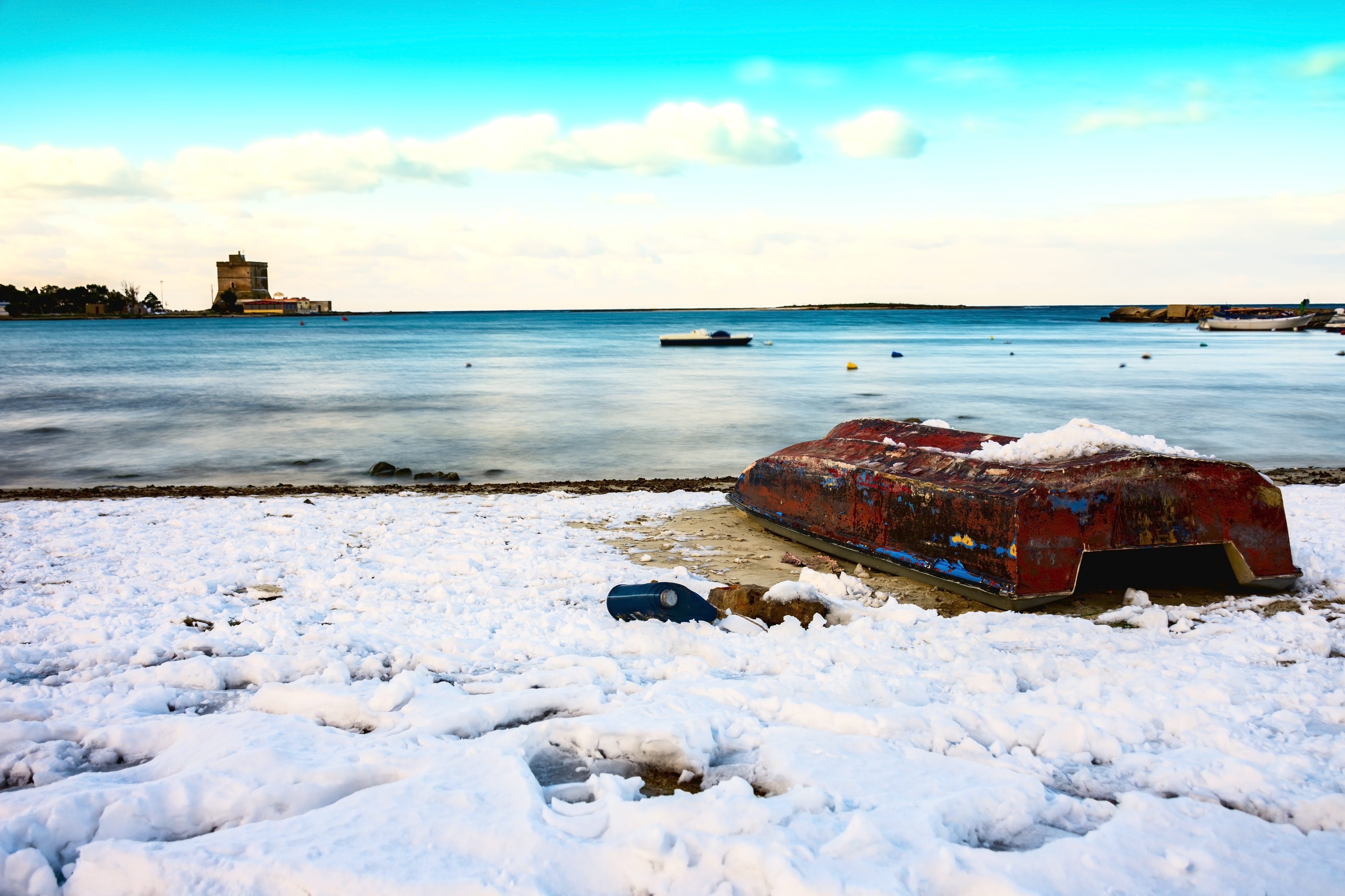 ice, water, holidays, outdoors, cold temperature, beach, nature, winter, costa, boat, towers, bridge, torre, deterioration, canoeing, apulia, landscape, HD Wallpaper