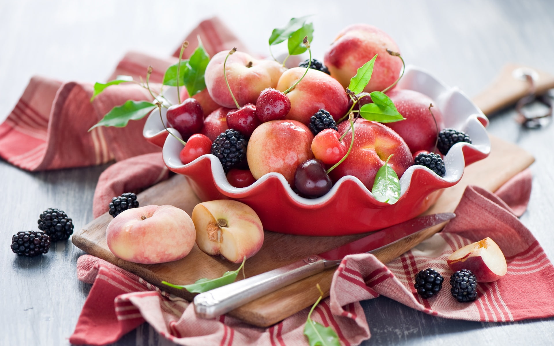 Peaches, Board, Blackberry, 1080P, Wood, Knife, Fruit, Cherries, Life, Still, HD Wallpaper