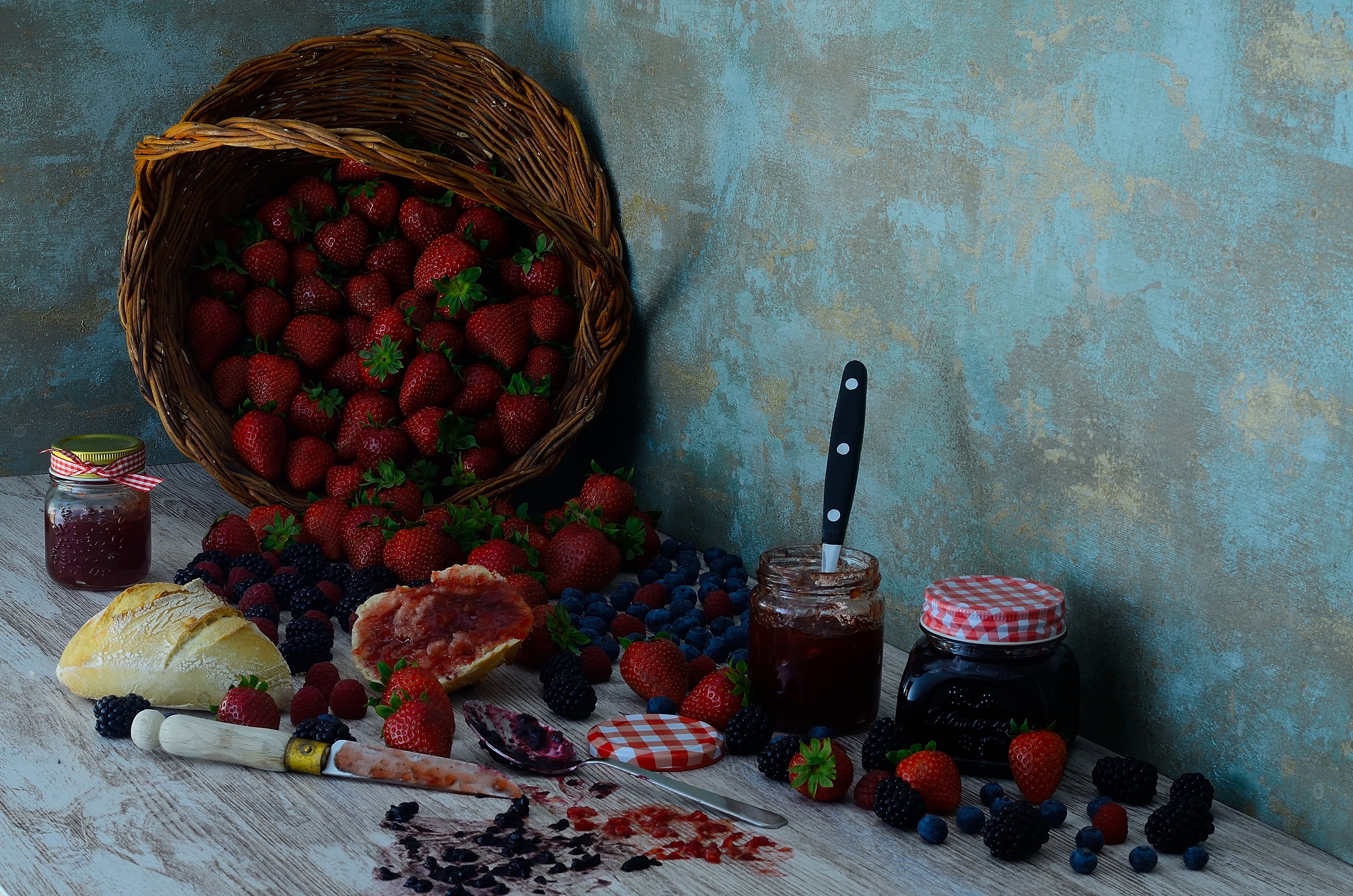 Blackberry, Jar, Bread, Fruit, Berry, Food, 4K, Jam, Basket, Strawberry, Blueberry, Still Life, HD Wallpaper