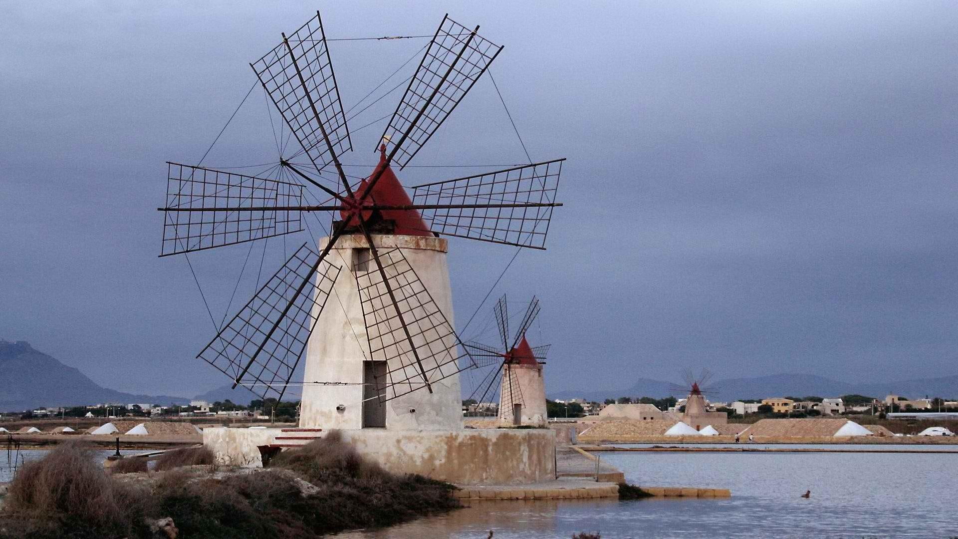 nature and landscapes, salt mounds, 1080P, salt, ponds, town, trapani, windmills, sicily, HD Wallpaper