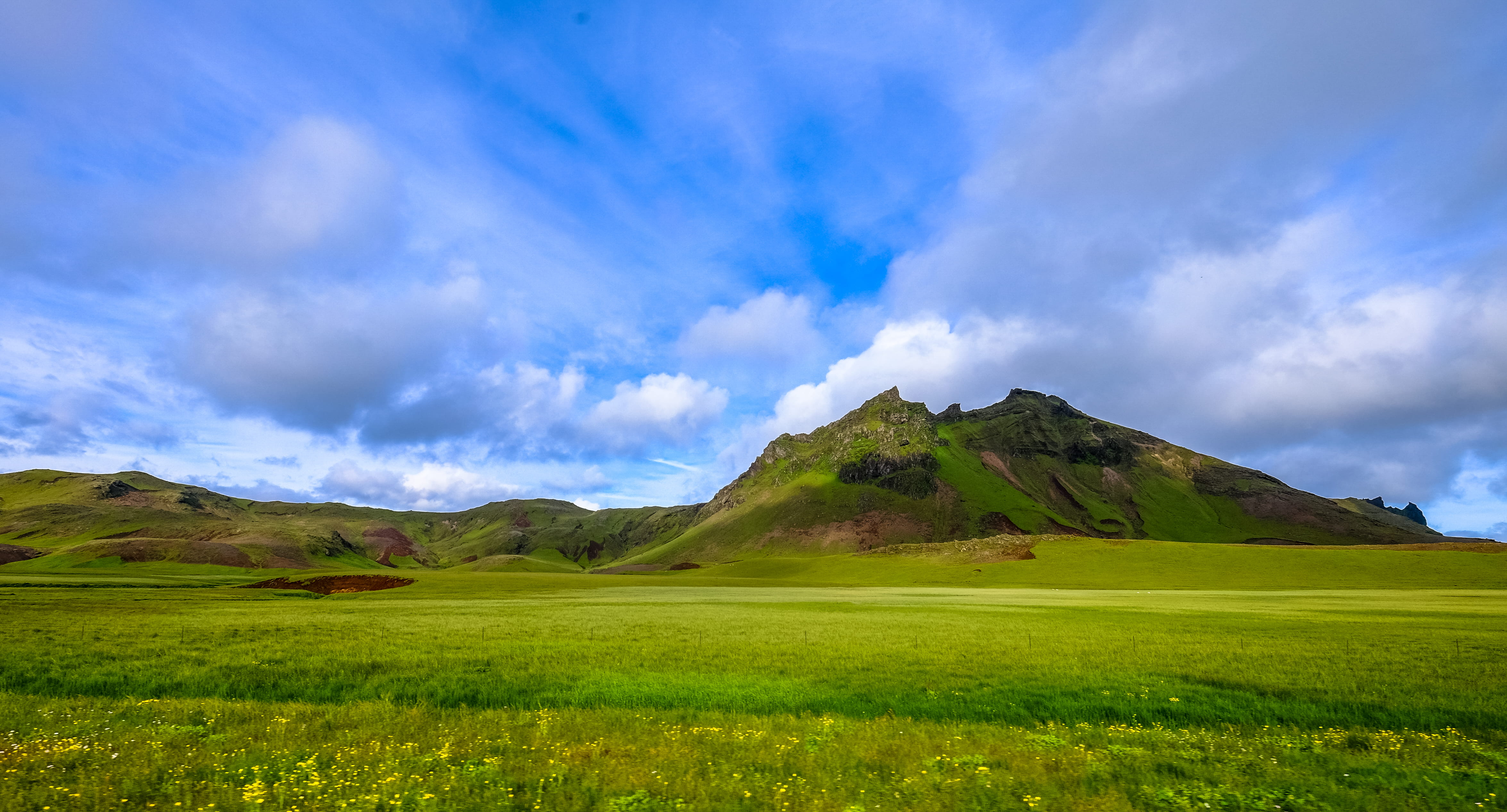 mountain, grass, meadow, blue, scenery, no people, mountain peak, 4K, outdoors, tranquility, tranquil scene, land, plateau, green color, building, covered, HD Wallpaper