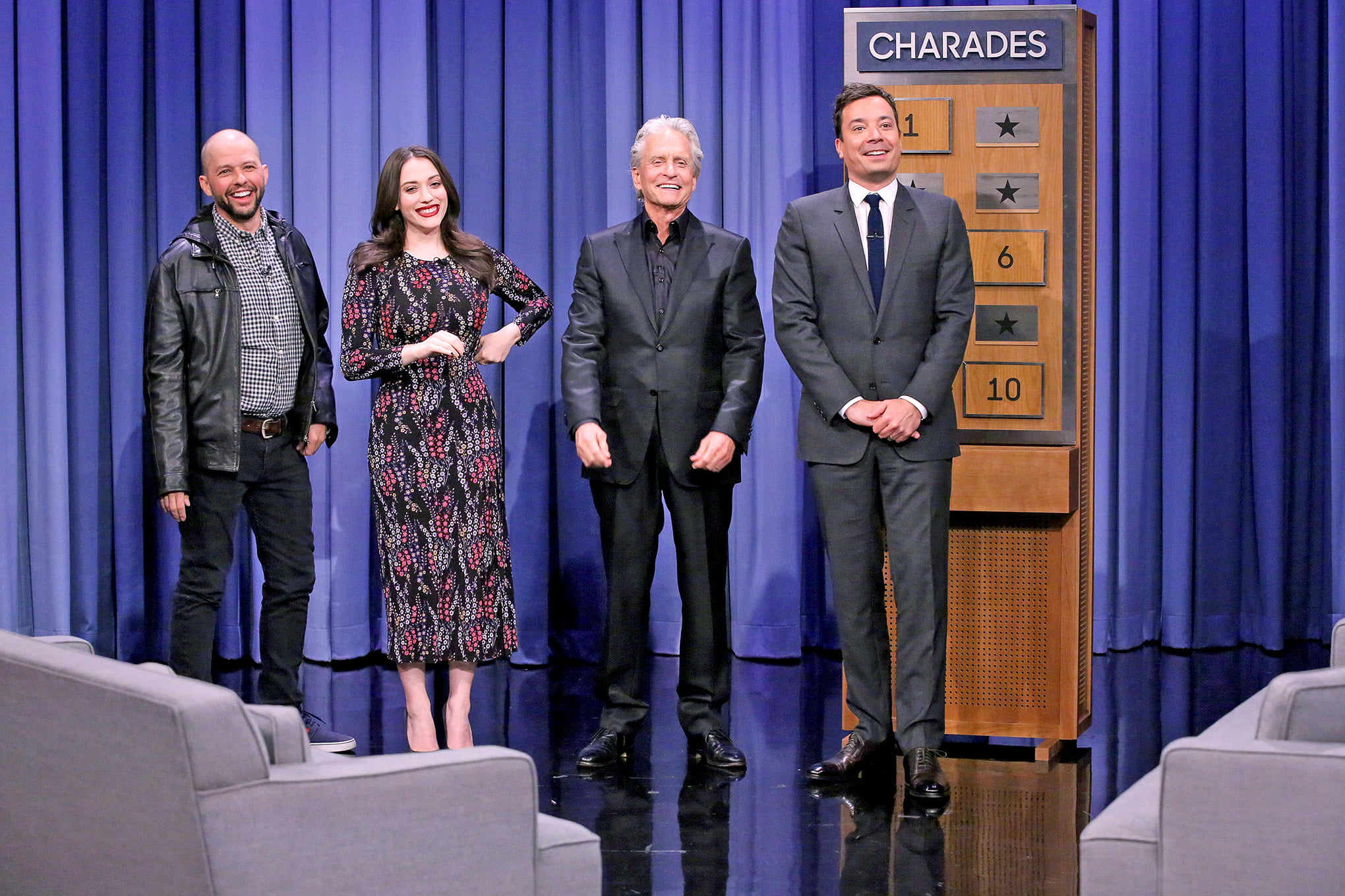formal, group of people, kat dennings, men, women, grey, adult, pants, front view, males, looking at camera, stage, happiness, michael douglas, s, suit, HD Wallpaper