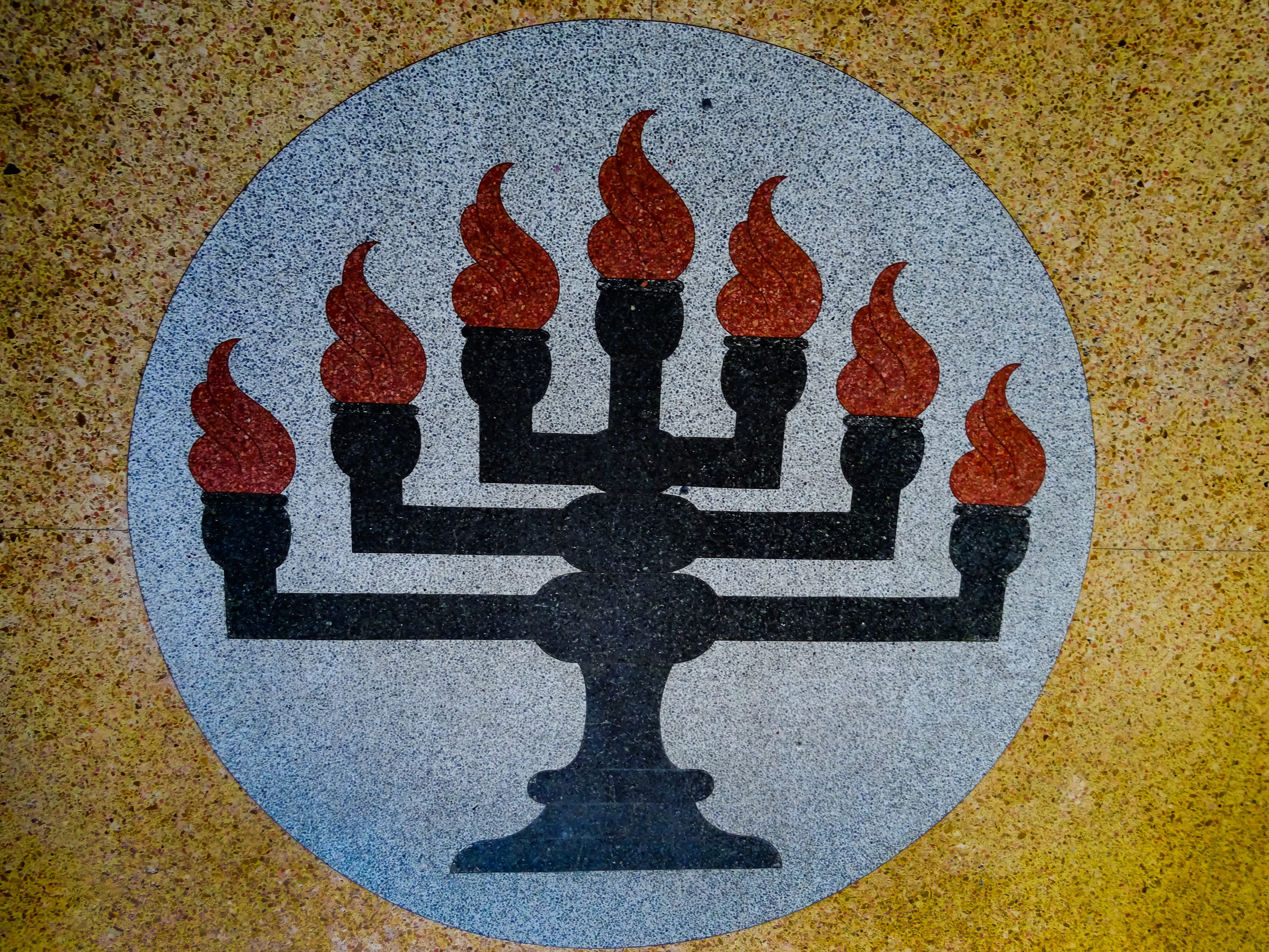 outdoors, close-up, memorial, shape, Religion, no people, representation, yellow, circle, monument, symbol, military, Menorah, landmark, day, human representation, HD Wallpaper